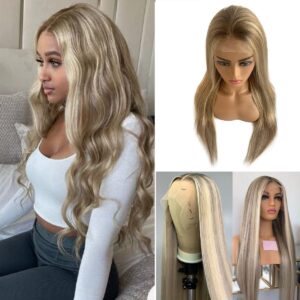 Ombre Blonde Lace Front Wig Human Hair,Highlights Ash Brown to Golden Blonde Straight Remy Human Hair Wigs Pre Plucked Hairline 13x4 Lace Frotal Wigs for White Women 24" 150% Density