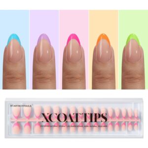 BTArtboxnails XCOATTIPS Press on Nails - French Tip Nails Short Almond, Brighter Pastel Soft Gel Nail Tips False Nail, Soak Off Acrylic Fake Nails Art Home DIY