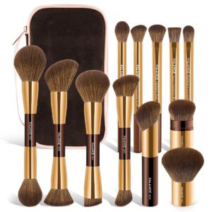 MAANGE Makeup Brushes 12 Pcs With Bag, Multi-functional Makeup Brushes Set for Dual-Head Contour Powder Blush Foundation Blending Eyeshadow Make up Brushes Set (Coffee Gold, 12 Piece+1 bag)