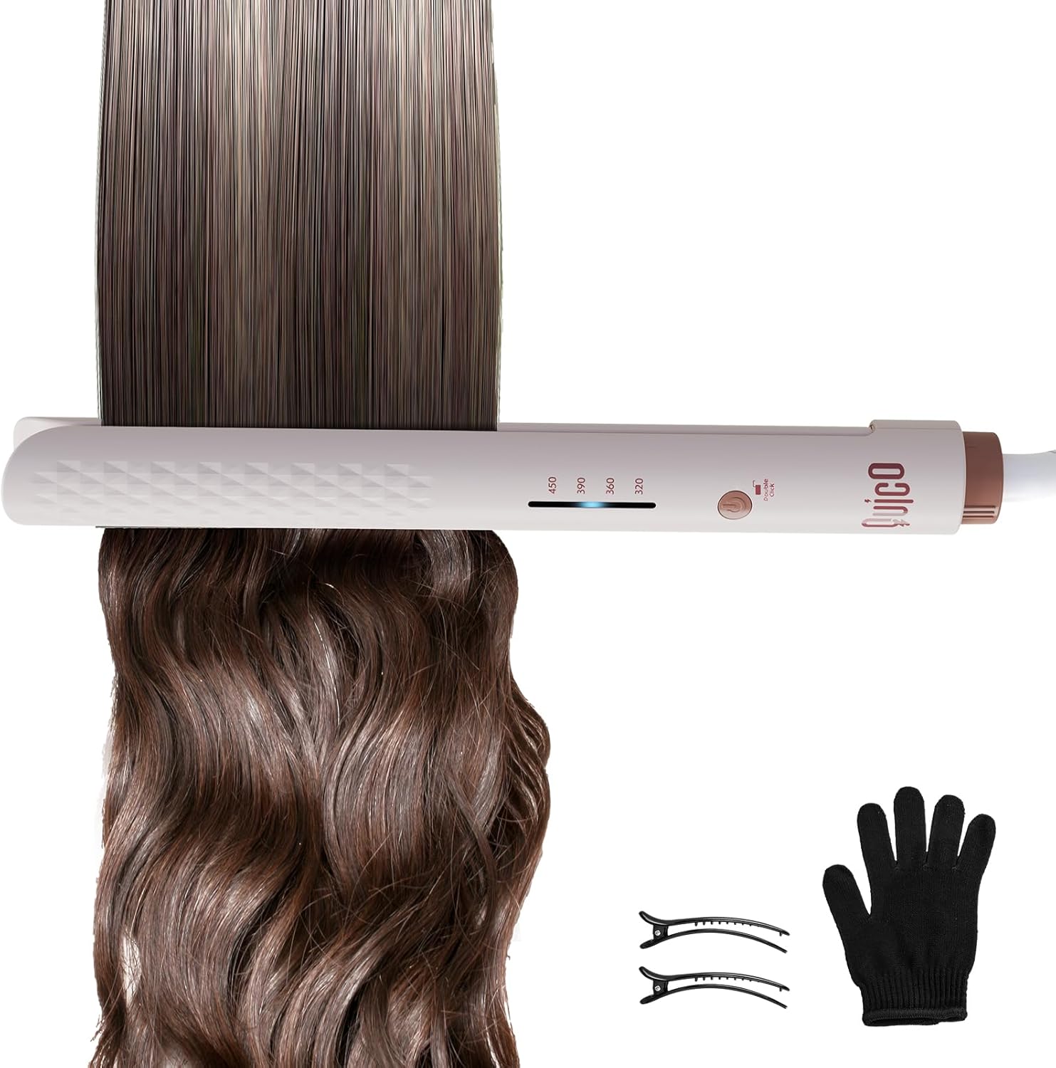 Quico Hair Straightener, 110-240V Global Travel Hair Straighteners for Women, 15s Fast Heating, Professional Negative Ion Flat Iron, Temp Memory, 320℉-450℉, Auto-Off, with Glove and Clips, Gift, Pink - Image 9