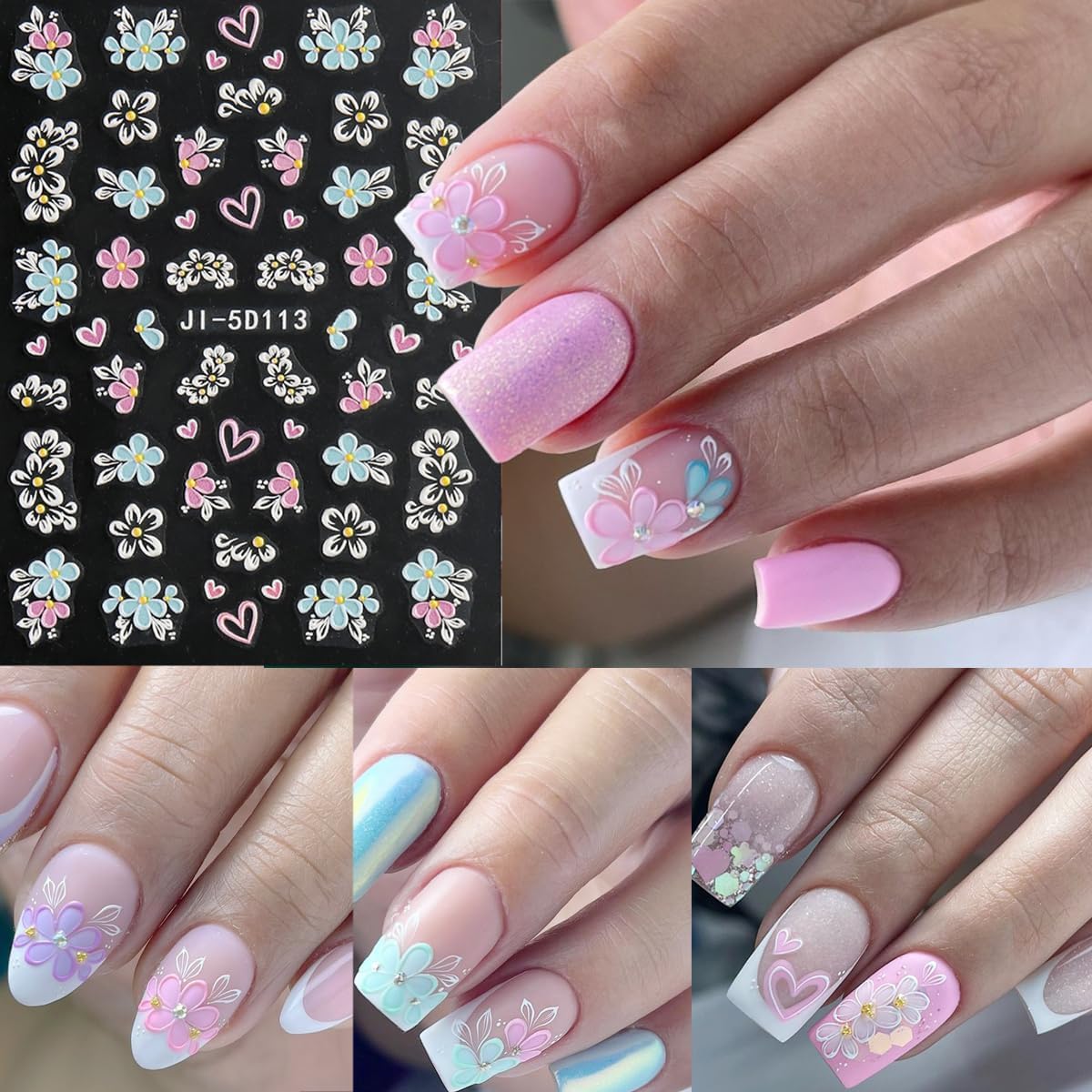 Flower Nail Art Stickers 5D Embossed Pink White Flower Nail Decals Luxury Colorful Five Petal Floral Nail Design Stickers Summer Butterfly Nail Art Supplies Heart Nail Stickers for Women Manicure-3Pcs - Image 5