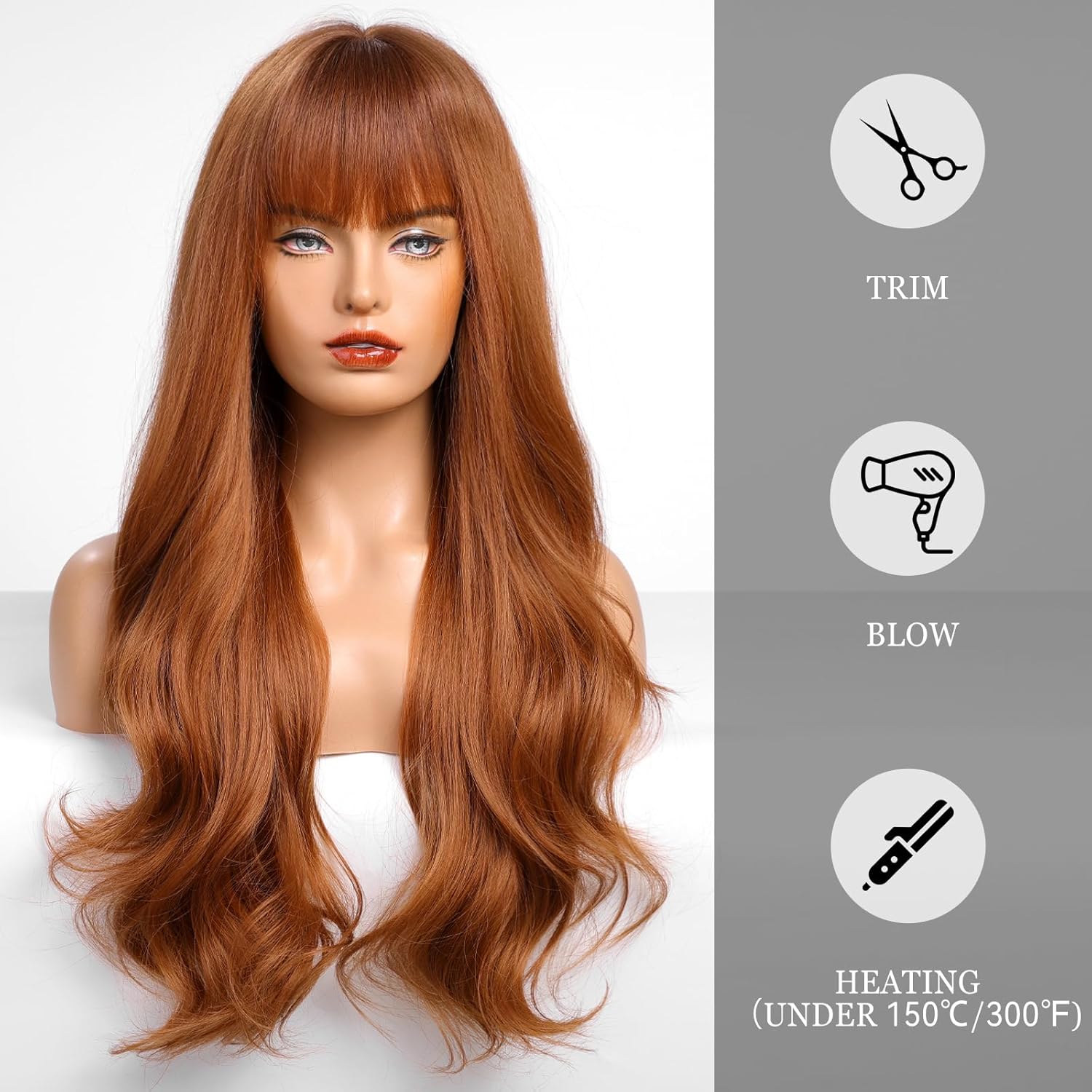 Auburn Wigs with Bangs Long Wavy Layered Heat Resistant Wigs Human Hair Natural Comfortable Capless for Daily Use (Auburn,26 Inch) - Image 4