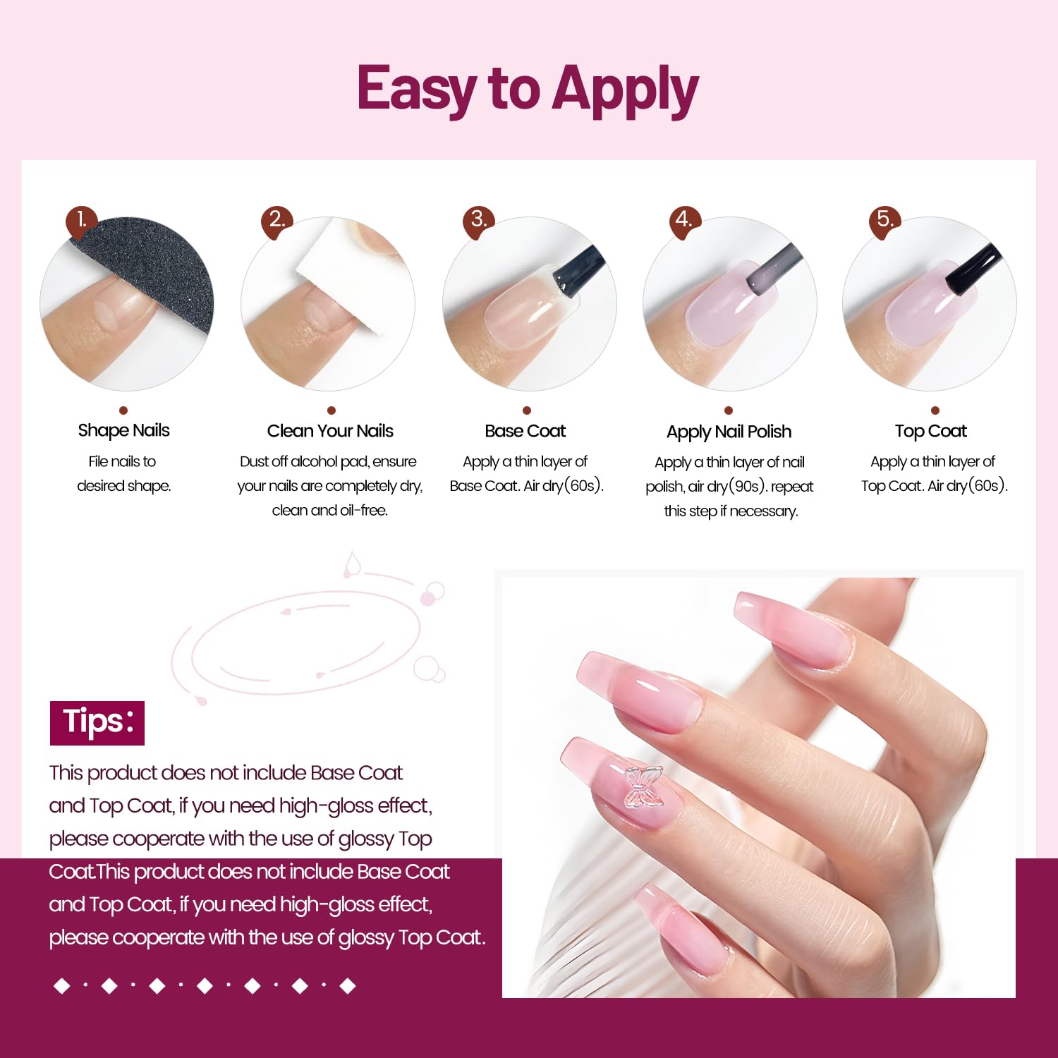 Jelly Nail Polish Set 6 Colors White Pale Red Soft Pink Natural Nude Pale Purple Fresh Pink Purple All Seasons Neutral Color Quick Dry Nail Polish Set for Women Salon DIY Nail Art - Image 7