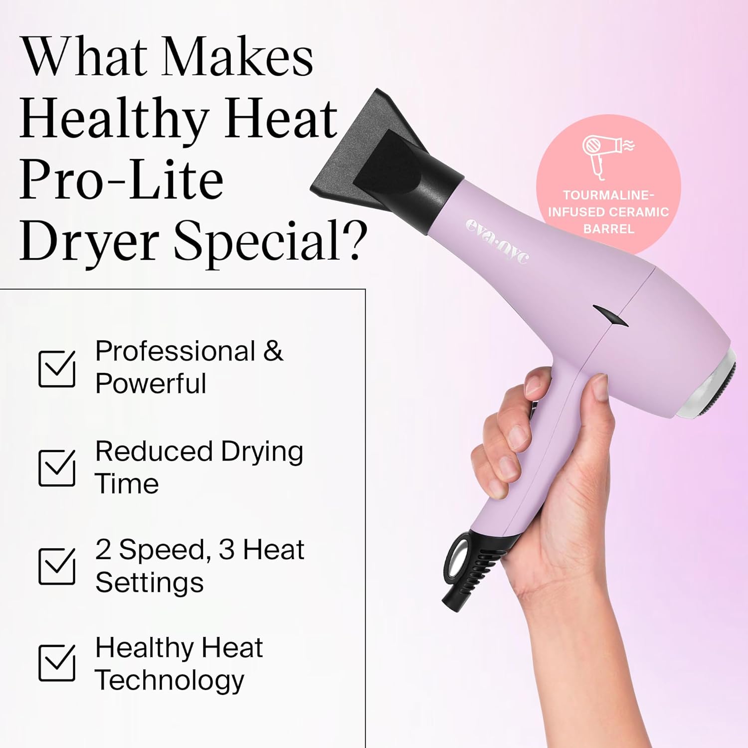 Eva NYC Healthy Heat Pro-Lite Dryer, Styling Hair Dryer, Lightweight Blow Dryer w/Far-Infrared, 2-Speed & 3-Heat Blowdryers for Hair, Hair Dryer with Diffuser & Concentrator, Lavender - Image 6