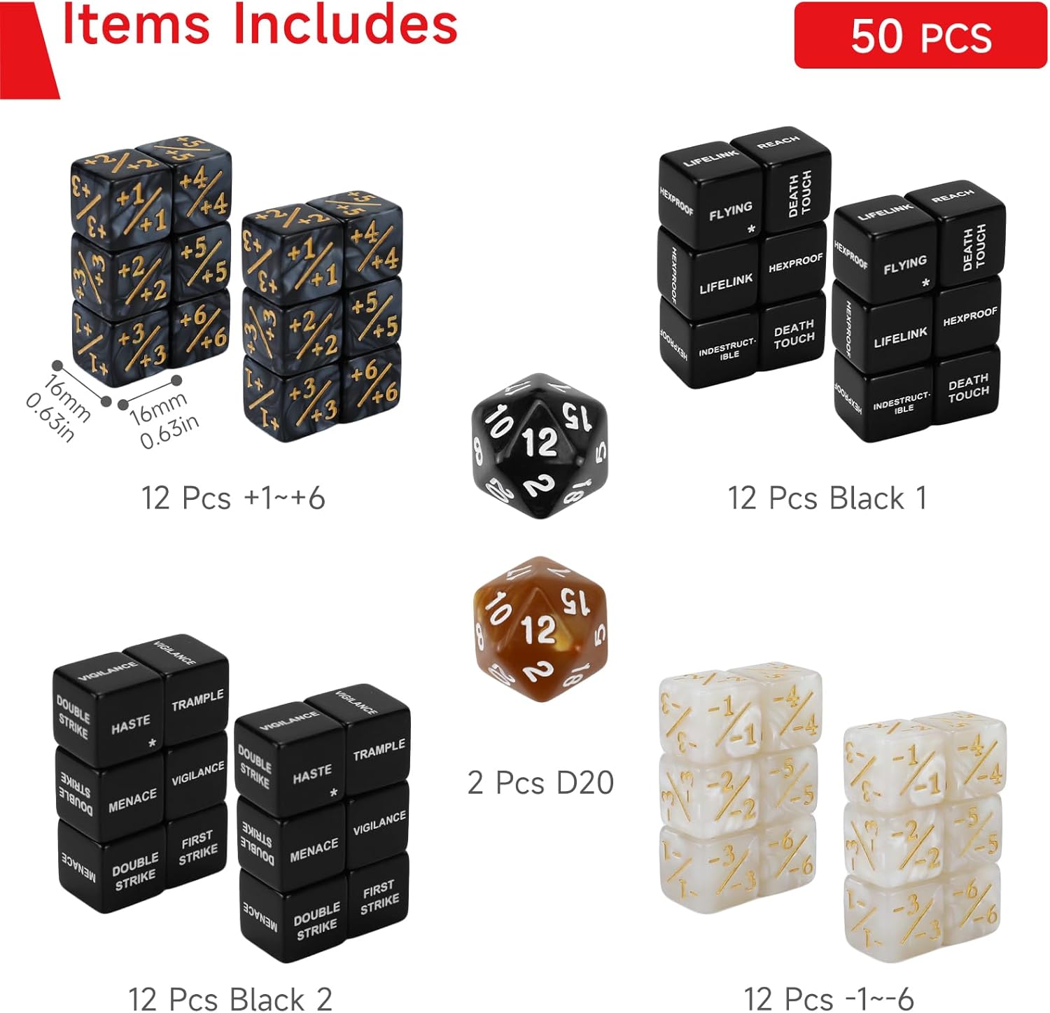 SIXPOINTS 50PCS MTG Dice Abilities Keywords Counter Counters Bulk Creature Stats Buff Tokens Dice & D20 Dice Set for Magic The Gathering, MTG, TCG, Card Games Accessories - Image 2