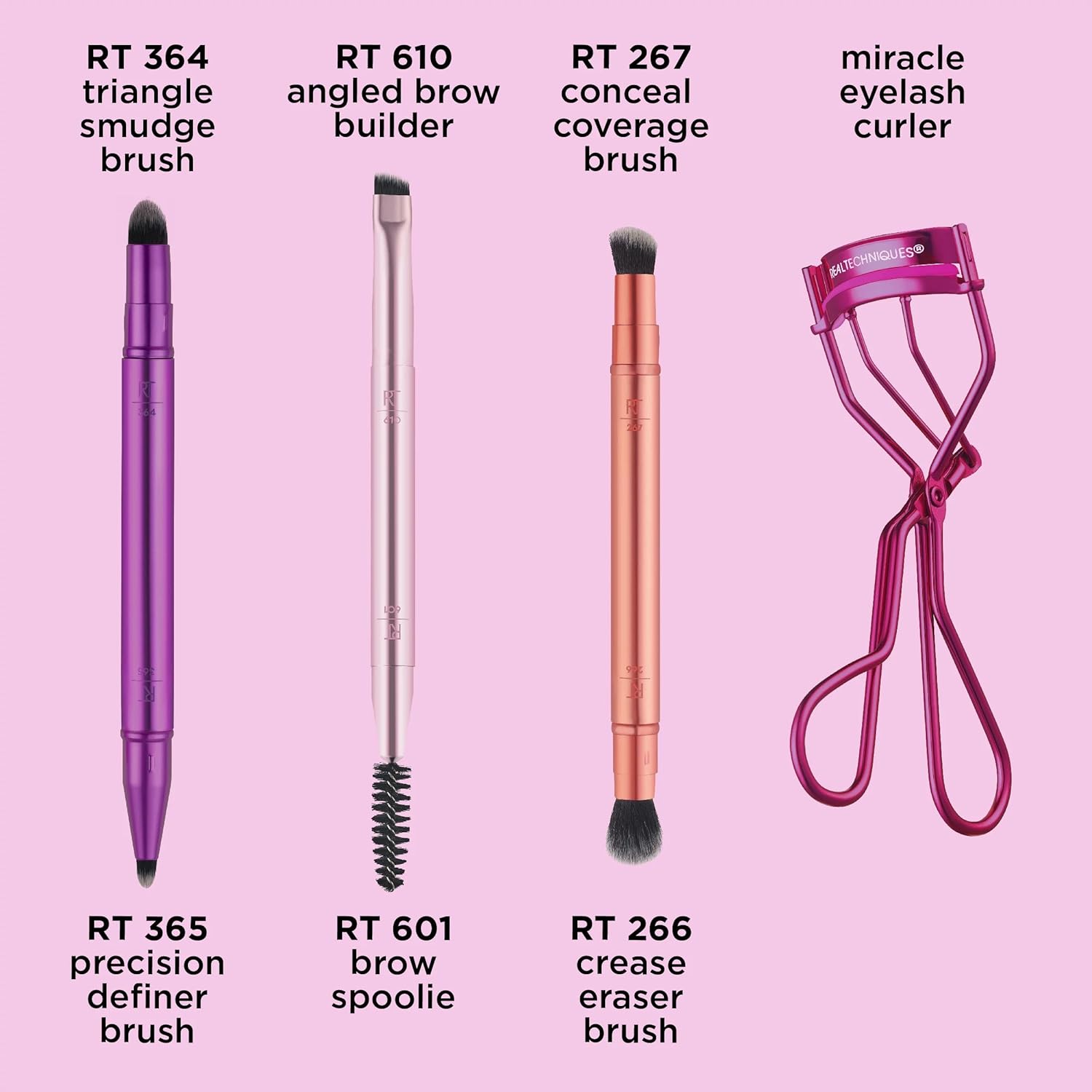 Real Techniques Double Time Brush + Lash 4 Piece Set, Dual-Ended Eye Makeup Brushes For Eyeshadow & Brows, Travel-Friendly Brush Caps For Storage, Eyelash Curler Included, Cruelty-Free - Image 3