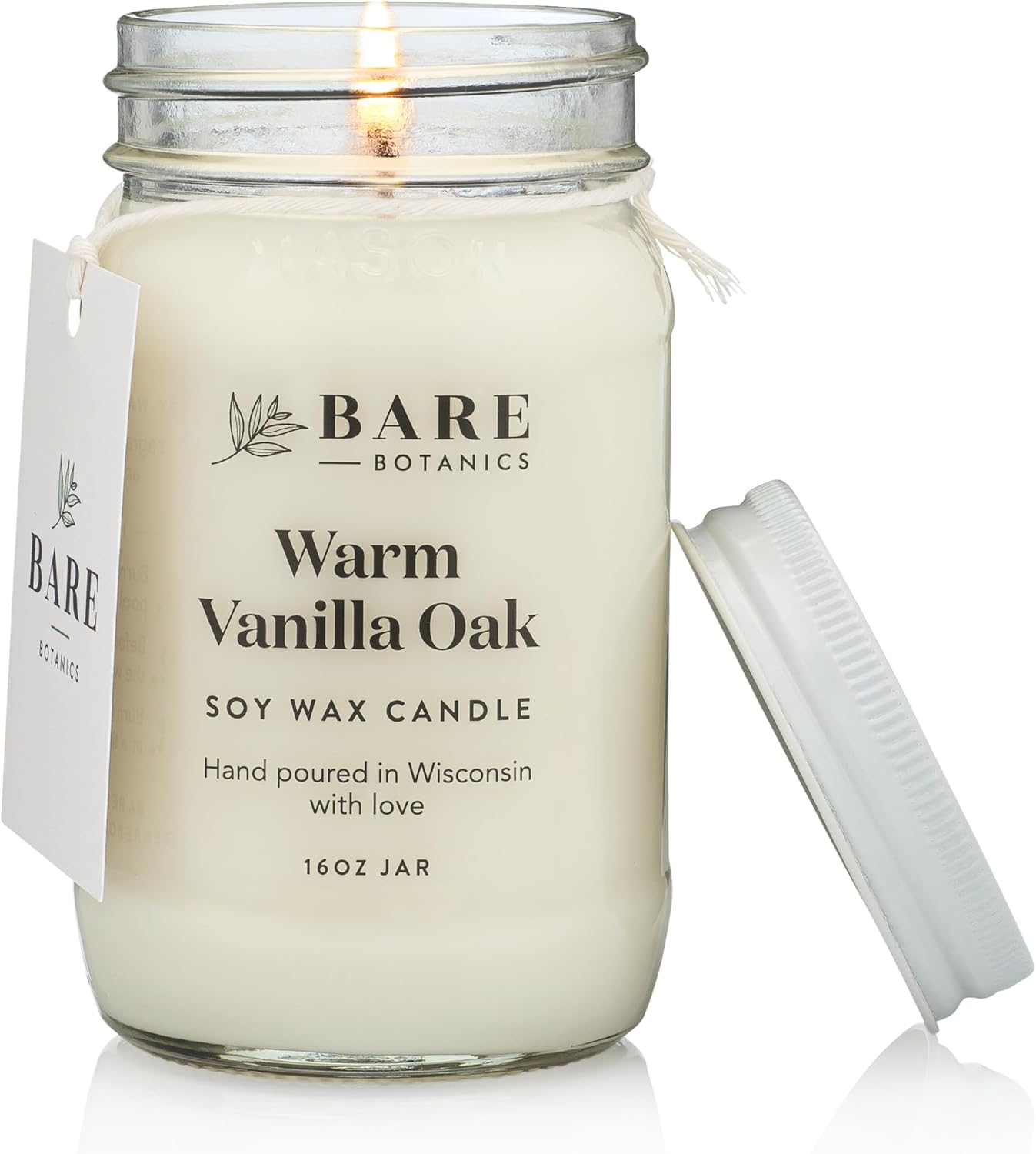 Bare Botanics Warm Vanilla Oak Scented Soy Candle - Premium Candle in 16 oz Mason Jar - 100% Natural Soy Wax & Plant-Based Fragrance Oils, Softly-Scented - Handpoured in WI - 60 Hrs Long Burning
