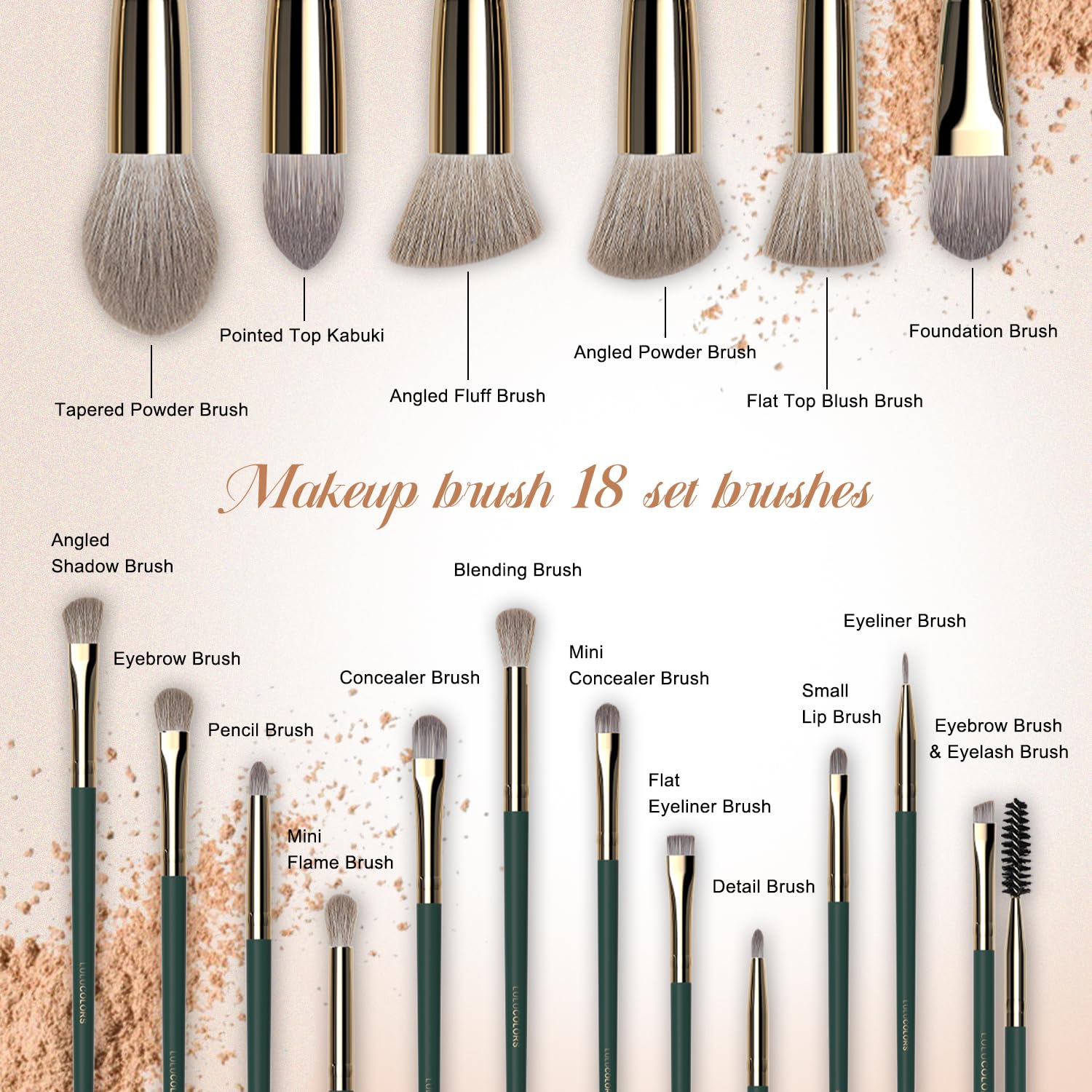 18-Piece Makeup Brush Set with Holder Case – Complete Makeup Brush Collection for Flawless Makeup Application -Soft Bristles (Green) - Image 4