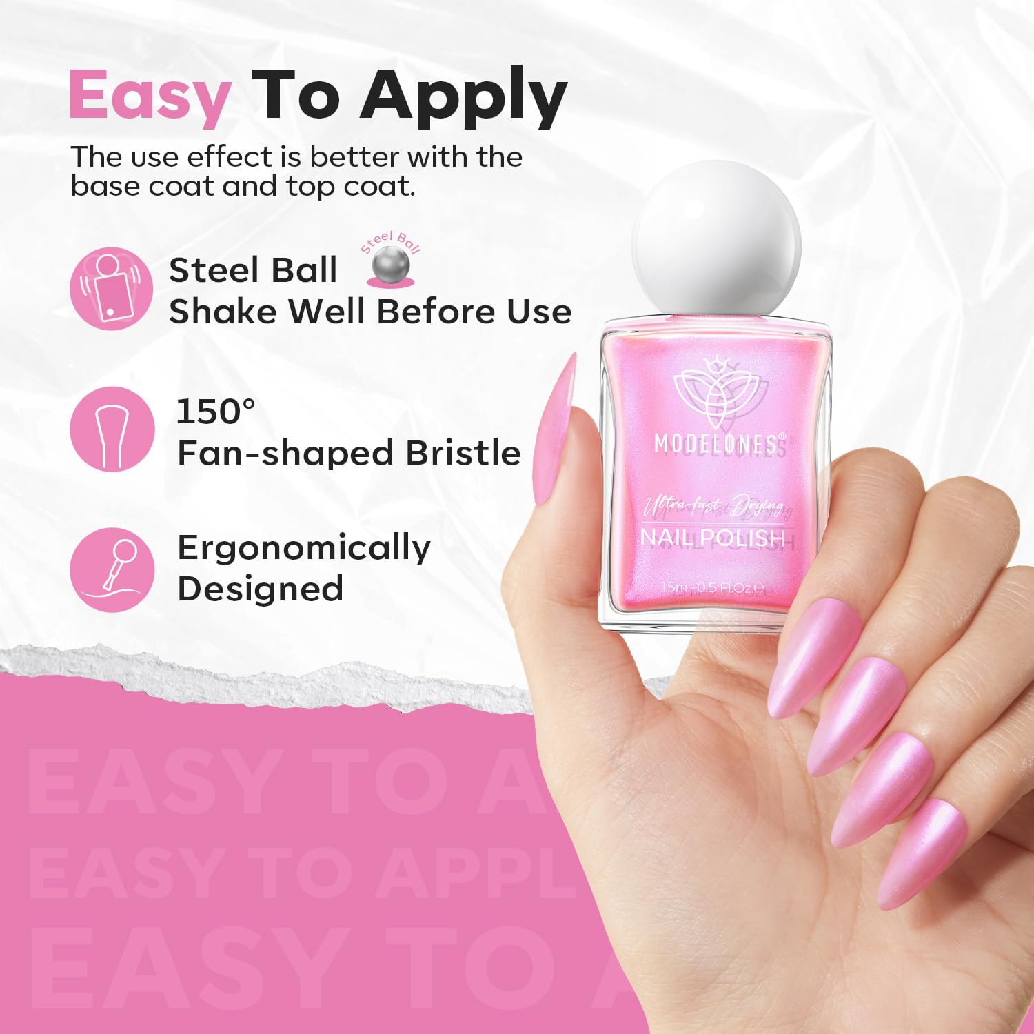 modelones Shine Pink Nail Polish, 15ml Shimmer Pearl Pink Nail Polish Quick Dry Nail Lacquer Strengthener Long Last Shine Fingernail Toe Nail Art DIY Home Travel Manicure Gift for Women Girls - Image 5