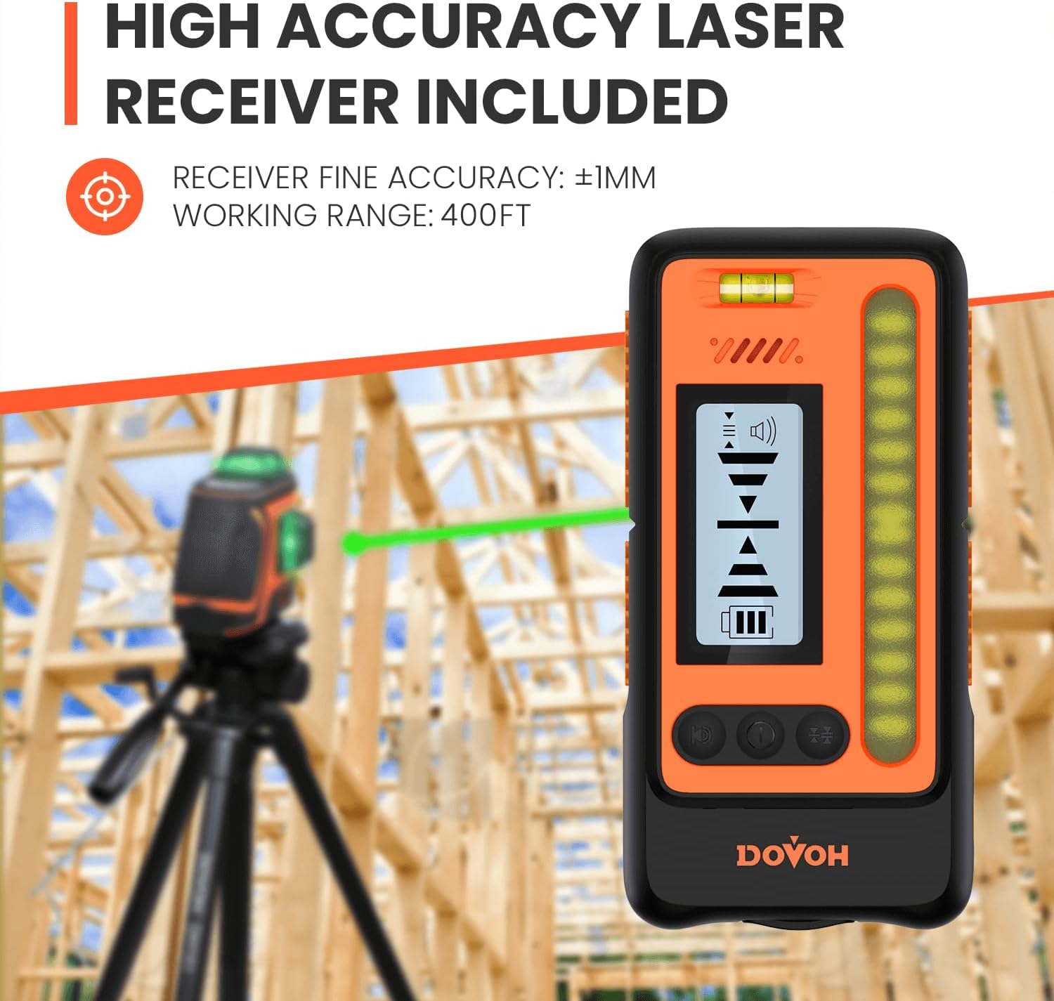 Outdoor Laser Level with Receiver : Daylight High Visibility Laser Level 360 Self Leveling Up To 400ft Long Range 110mw High Power Green with Detector Outside Construction Landscaping, H3-360G - Image 2