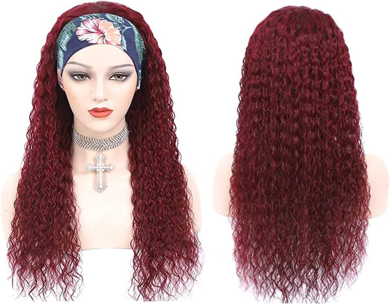 WENYAN 99J Burgundy Headband Wig Human Hair Deep Wave 16 Inch Red Colored Curly Headband Wigs for Black Women Human Hair Glueless None Lace Front Wigs Brazilian Virgin Hair Wig 150% Densitys - Image 3