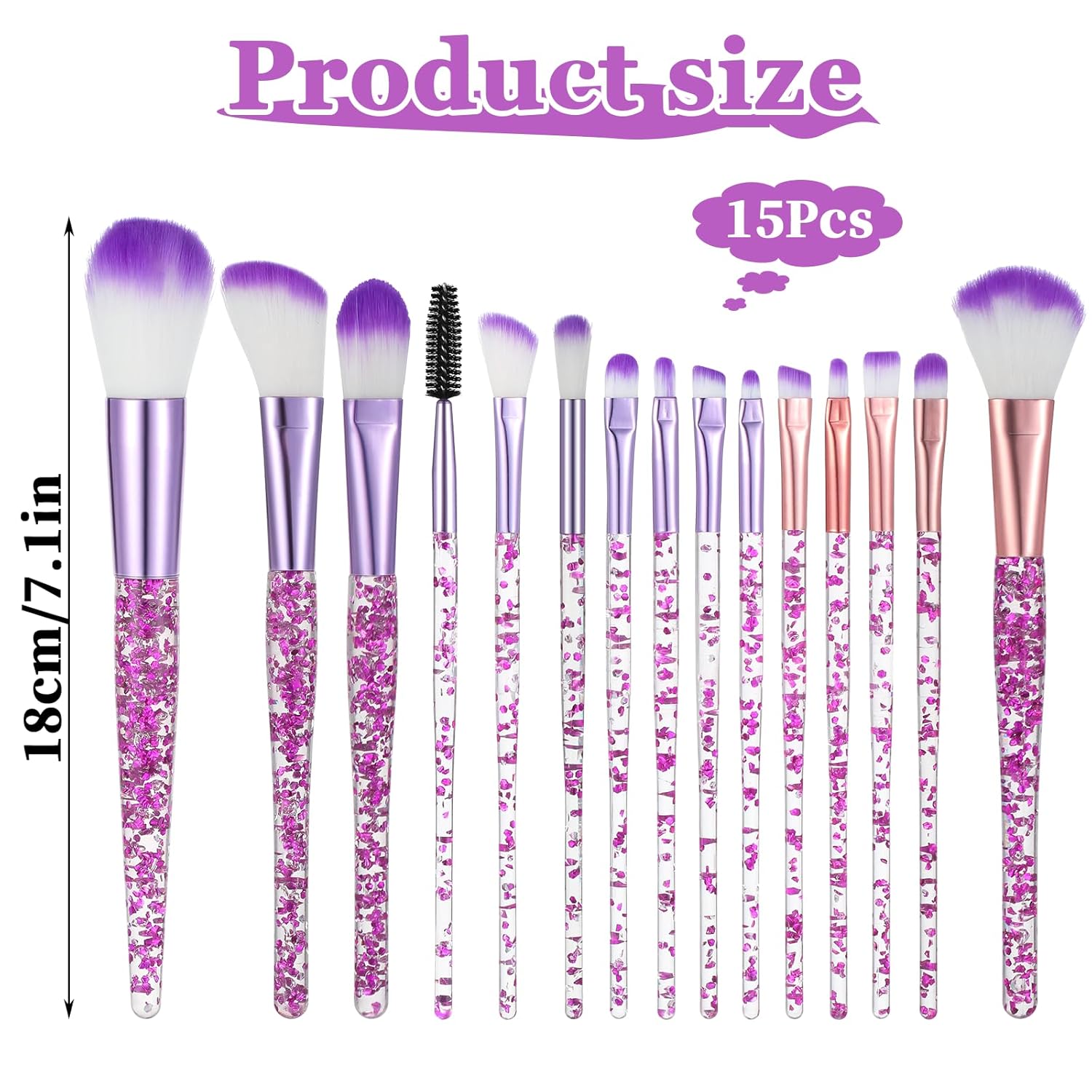 15Pcs Purple Makeup Brushes Set, Glitter Crystal Cute Makeup Brush Eye Shadow Brushes Kit Professional Face Foundation Concealer Liquid Make up Beauty Eyeliner Lip Cosmetic Brush Set for Women - Image 5