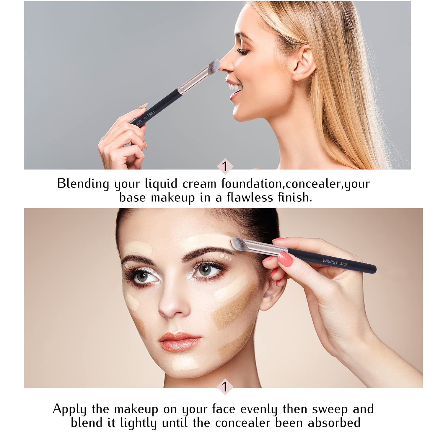 ENERGY Angled Flat Concealer Brush Under Eye Concealer Nose Contour Brush for Bronzer Liquid Foundation Cream Cosmetic Press Powder Concealer Palette Blending Buffing Stippling Brush Small 370S - Image 5