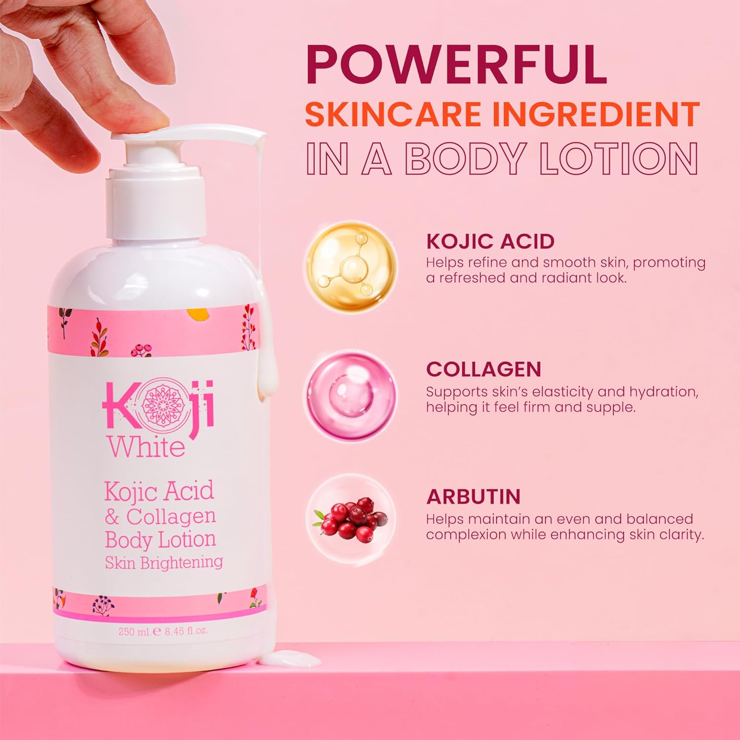 Koji White Kojic Acid & Collagen Body Lotion, Women Gifts Set for Skin Brightening with Arbutin, Glowing Skin, Moisturizer & Radiant Complexion, Uneven Skin Tone - Vegan, 8.45 Fl Oz (2 Packs) - Image 3