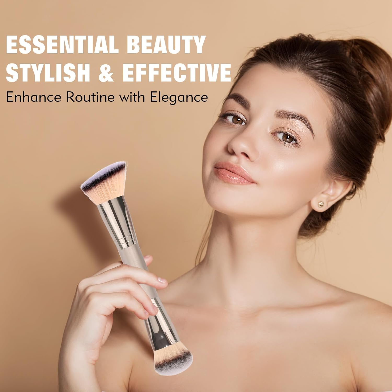 Dual-Ended Foundation Brush: Round & Angled Pro-Grade makeup brushes, 100% Vegan Synthetic Makeup Brush for Flawless Blending and Application of Liquid, Powder, Cream, Blush - Image 2