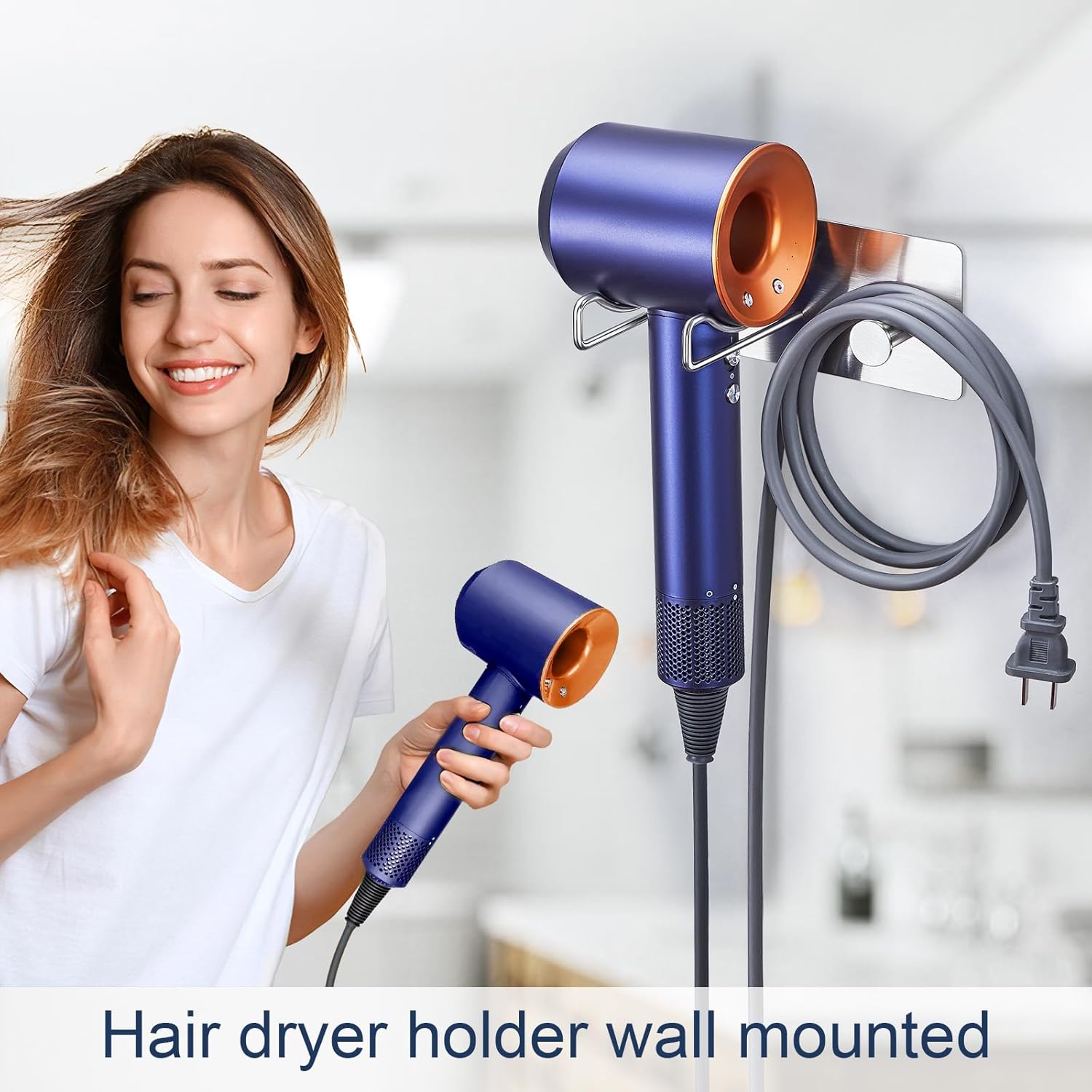Hair Dryer Holder Wall Mounted Adhesive Blow Dryer Holder,SUS 304 Stainless Steel Hairdryer Holder Hanger Storage, Hair-dryer Rack Stick on Vanity Cabinet for Bathroom ,Hair Tool Organizer with Hook - Image 5