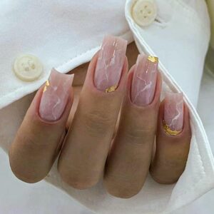 Press on Nails Medium Square Fake Nails Pink Marble False Nails with Design Gold Foil Glossy Glue on Nails Full Cover Nude Acrylic Stick on Nails Shiny Artificial Nails Kit for Women and Girls Manicur