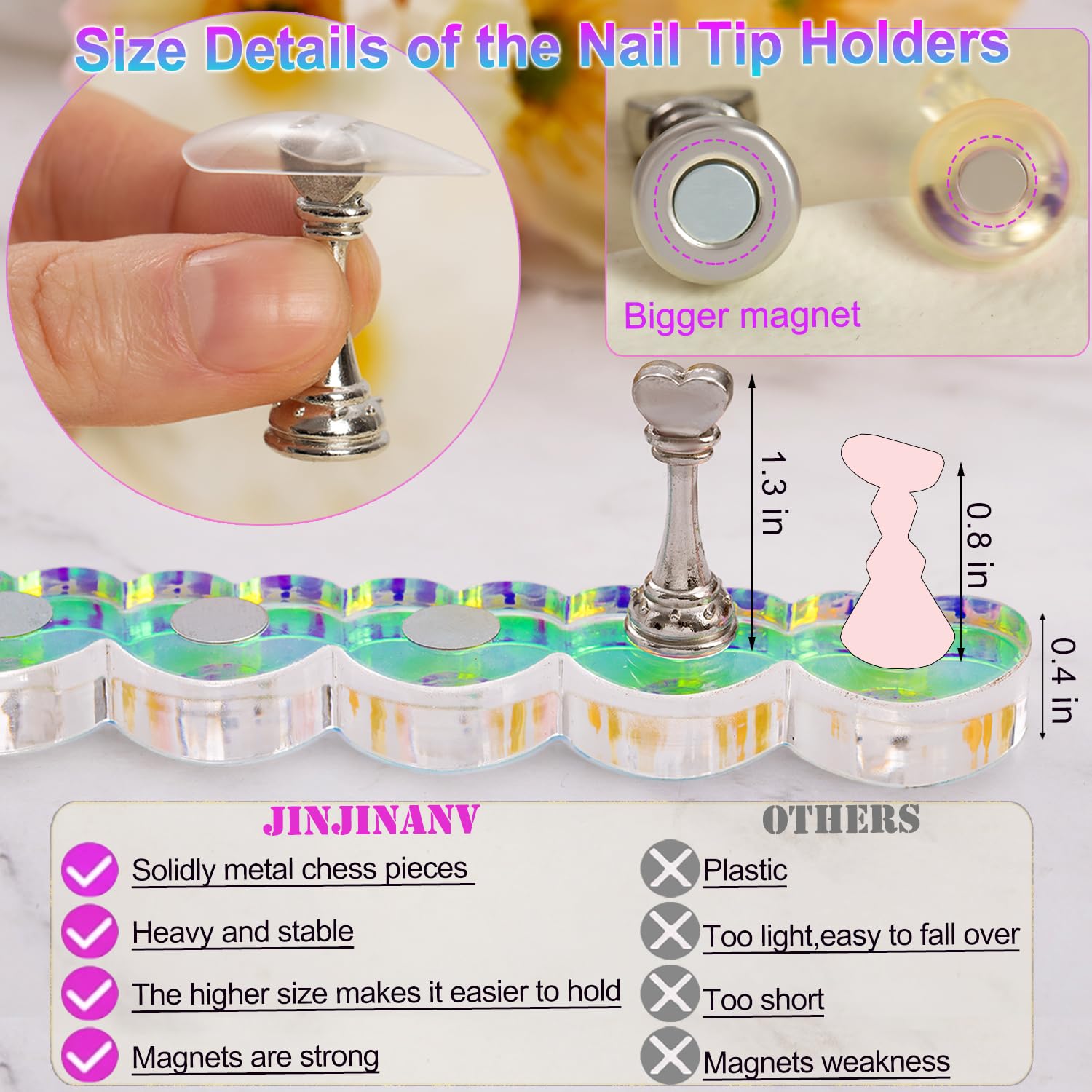 2 Set Nail Stands, Thickened Metal Nail Stand for Press Ons, Aurora Heart Nail Polish Holder for Painting, Fake Nail Display Stand Nail Practice Magnetic Nail Art Tools w/ 100Pcs Reusable Glue Tabs - Image 3