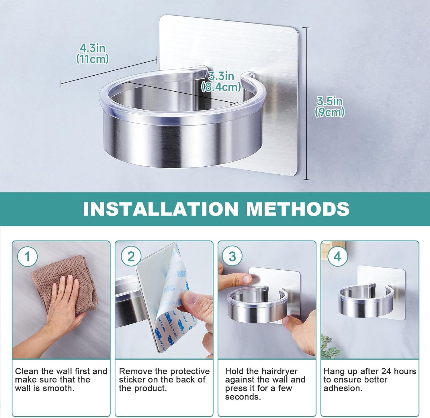 Hair Dryer Holder Wall Mounted, Hair Tool Organizer and Storage, Blow Dryer Holder Wall, Adhesive Hair Dryer Holder, SUS304 Stainless Steel Hairdryer Holder for Bathroom Salon Barber Shops - Image 8