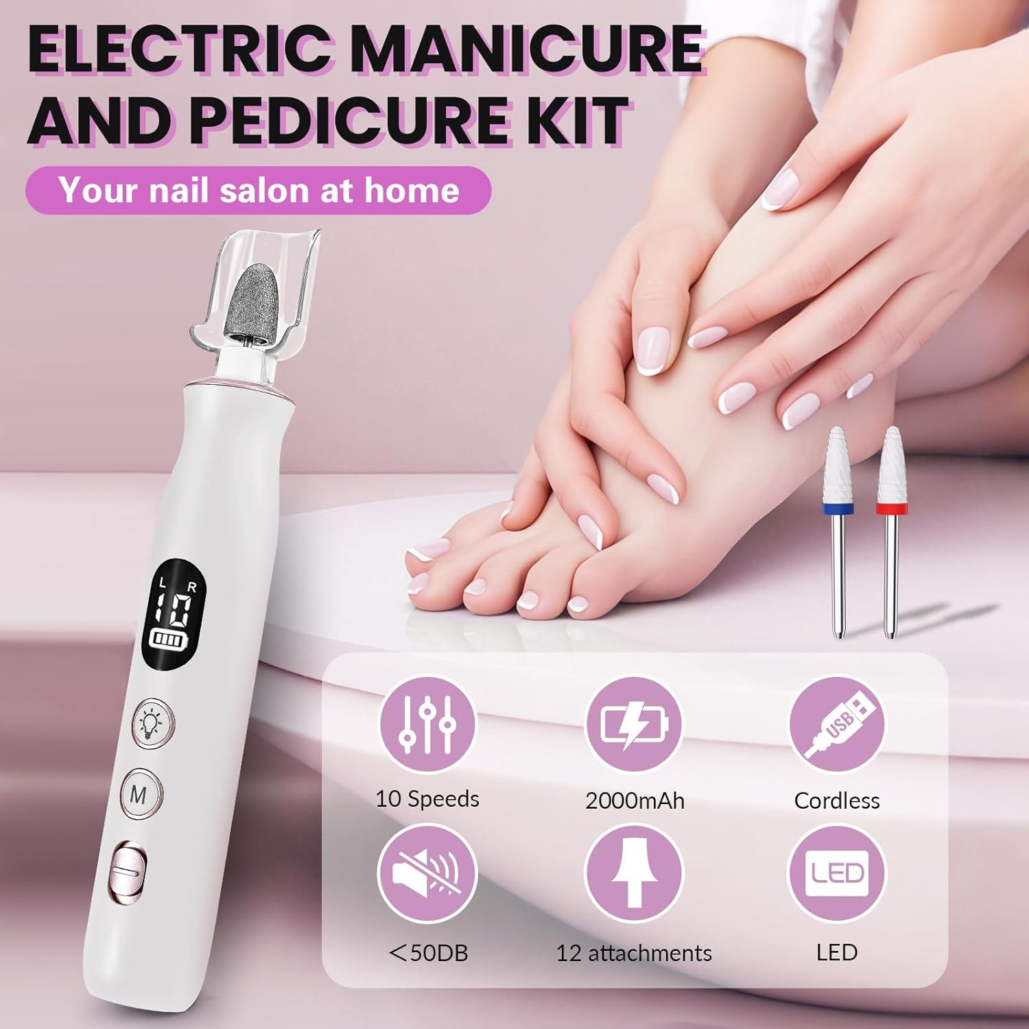 Electric Nail Drill, Cordless 2000 mAh Rechargeable Portable Nail File 12 in 1 Kit for Thick Toenails, 10 Speeds Nail Dril Machine Professional Manicure Pedicure for Hand Natural Nails Care (White) - Image 2