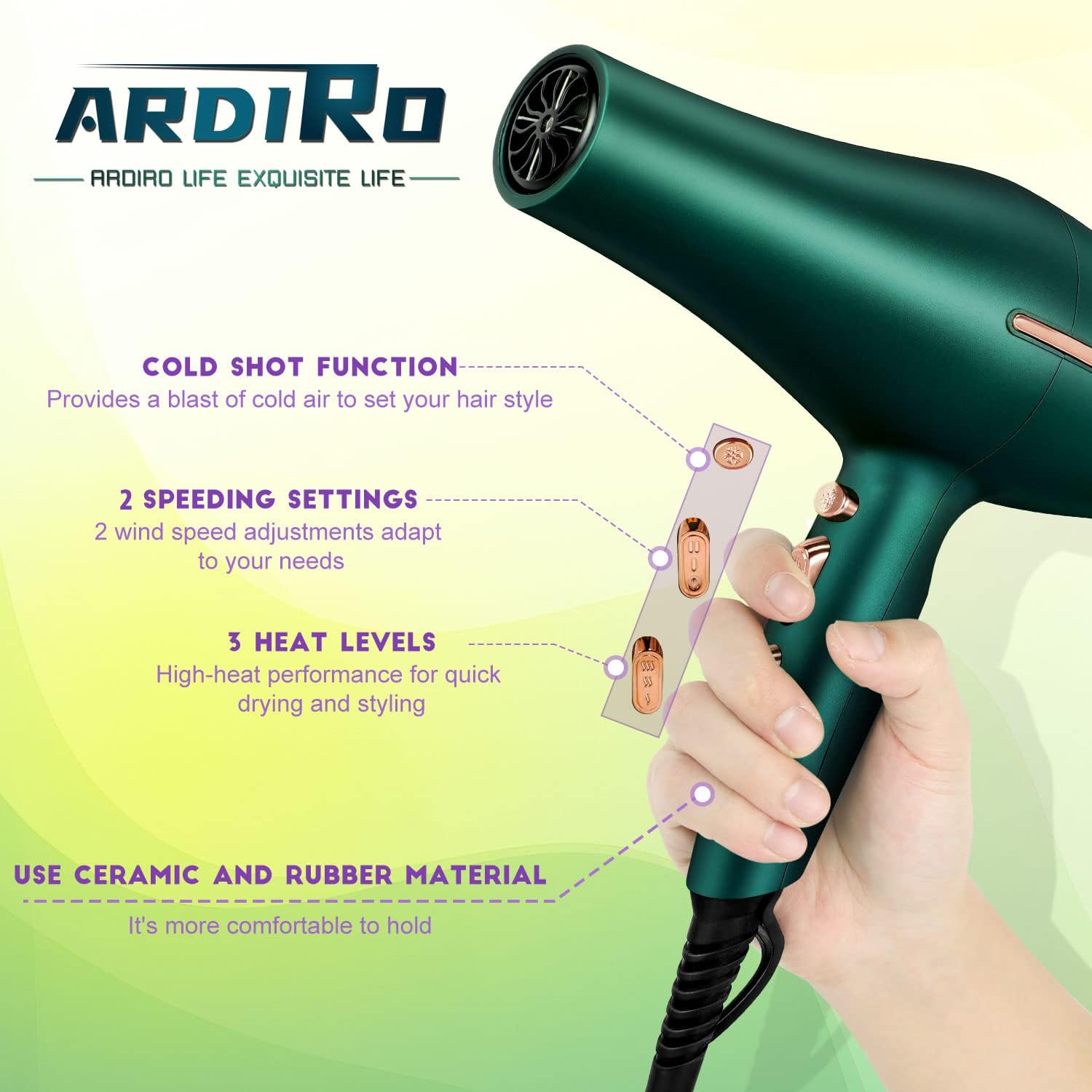 2000 Watt Negative Ionic Hair Dryer, Professional Salon Blow Dryer, Low Noise Fast Drying & Powerful AC Motor and Diffuser Comb for Men Women,3 Heat & 2 Speed Settings, Easy to Use- Green - Image 5