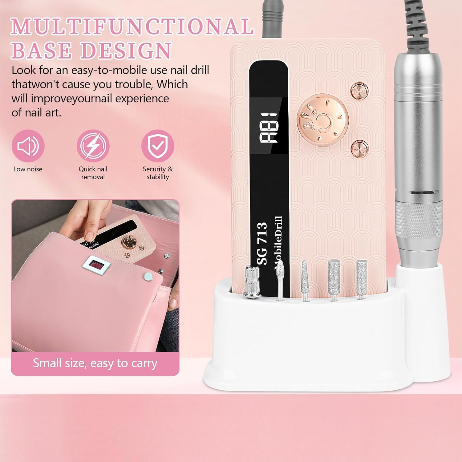 Electric Nail File Professional Kit - 45000RPM Portable Nail Drill Electric File with 11 Bits & Base丨LED Screen丨Ultra-Silent, Rechargeable Nail Drills Machine for Acrylic Nails Gel Polishing (Pink) - Image 2