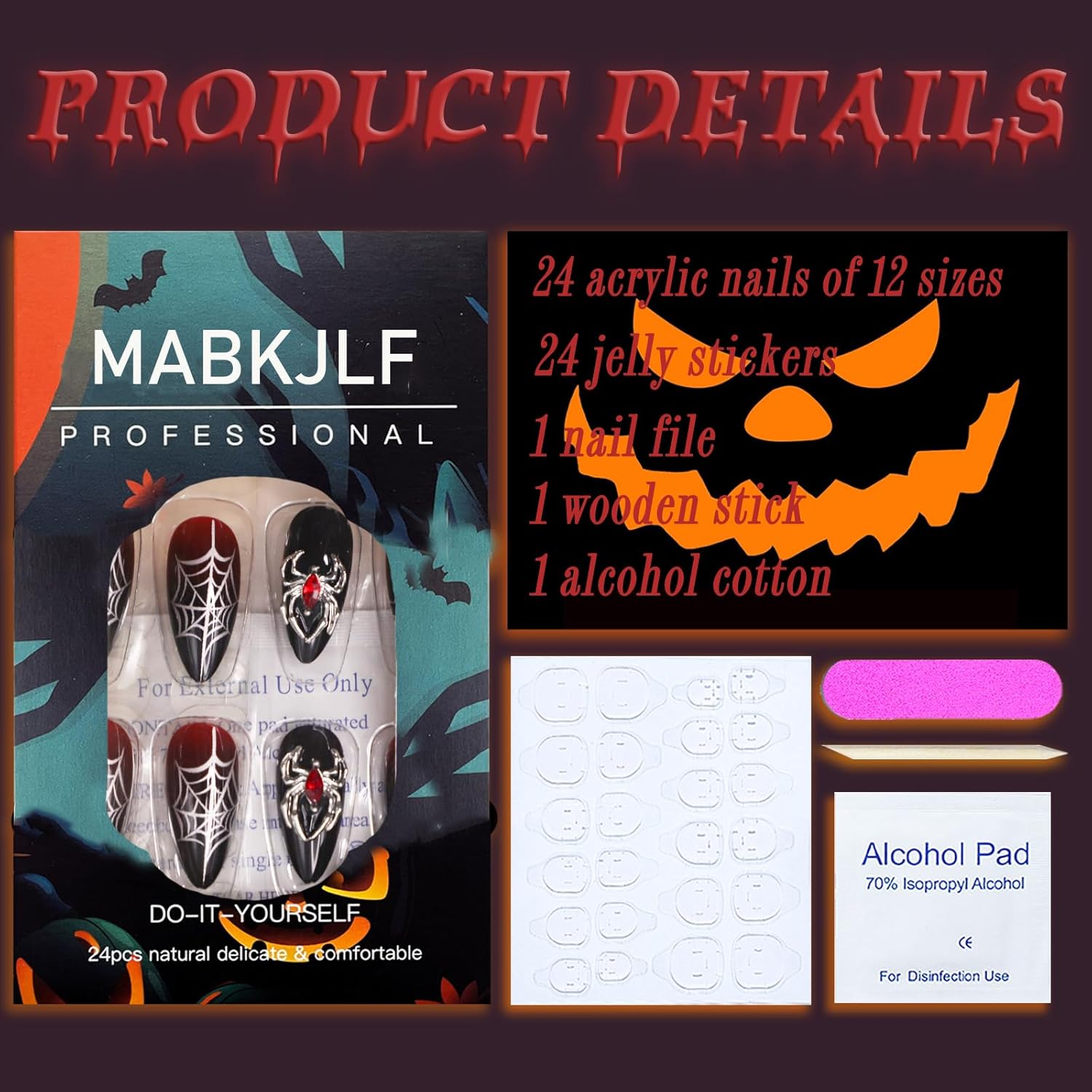 Halloween Press on Nails Medium Almond MABKJLF Spider Charms Fake Nails Red Gradient False Nails with Spider Web Designs Black Matte Acrylic Nails Glossy Glue on Nails for Women Girls 24 Pcs - Image 3