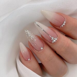 Silver Glitter Press on Nails French Tip Fake Nails Medium Almond False Nails with Rhinestone Design Nude Glue on Nails Glossy Artificial Acrylic Full Cover Diamond Stick on Nails for Women Manicure