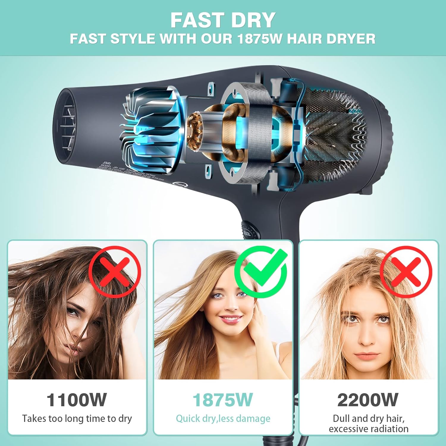 1875w Professional Tourmaline Hair Dryer,Negative Ionic Salon Hair Blow Dryer,DC Motor Light Weight Low Noise Hair Dryers with Diffuser & Concentrator & Comb - Image 2