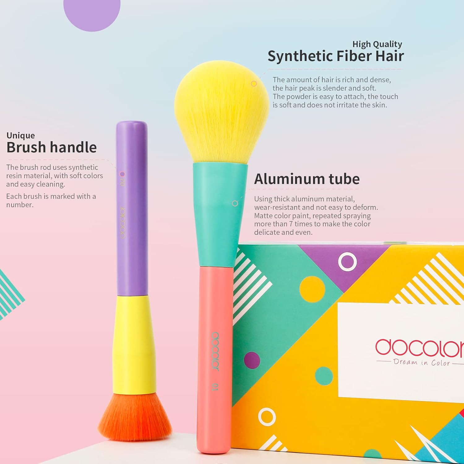 Docolor Makeup Brushes 15Pcs Colourful Makeup Brush Set Premium Gift Synthetic Face Powder Kabuki Foundation Contour Blush Concealers Eye Shadow Blending Make Up Brush Kit - Dream of Color - Image 6