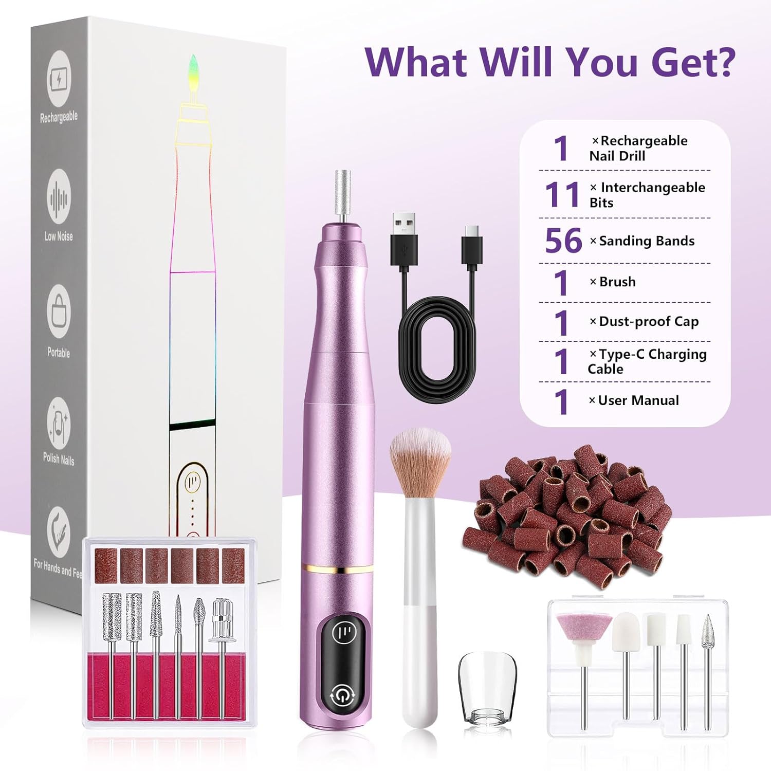 Cordless Nail Drill Electric Nail File Kit Rechargeable Professional Efile Nail Set, Portable Acrylic Gel Nail Polish Remover Machine Pedicure Manicure Tool, 11 Bits 56 Sanding Bands Salon Home - Image 8