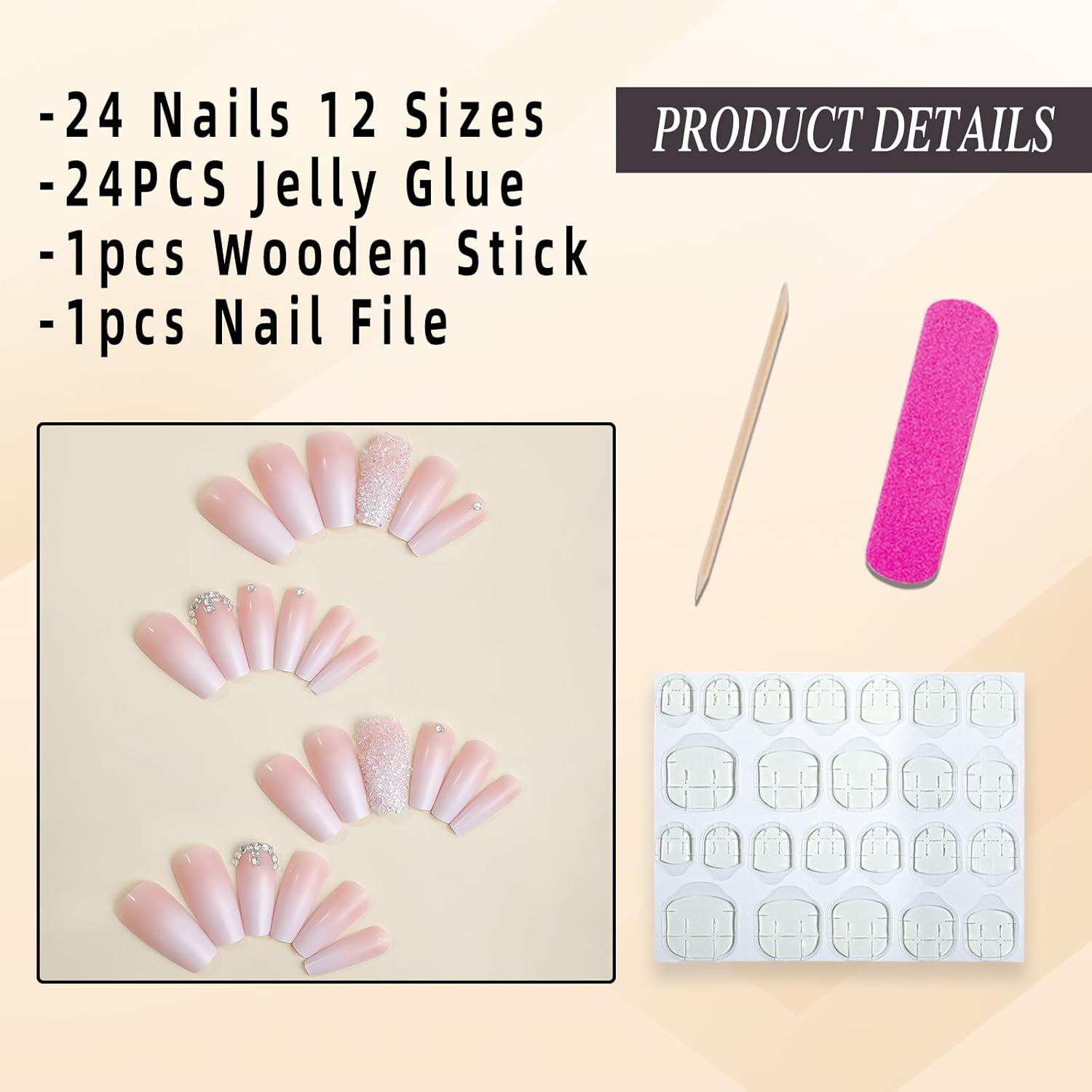 Pink Press on Nails Long Square Coffin Fake Nails Pink White Ombre Full Cover Acrylic Nails Glossy Gradient False Nails with Design Rhinestone Stick on Nails for Women Girls Manicure 24Pcs - Image 6