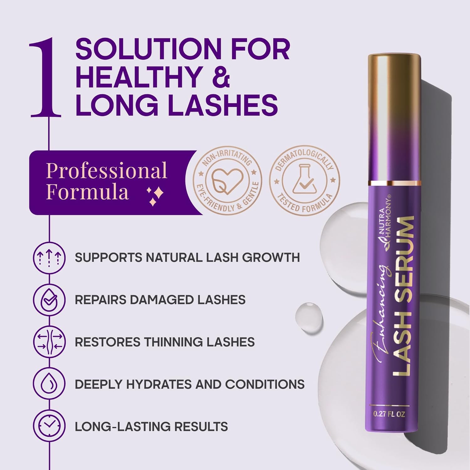 Enhancing Lash Serum for Eyelash Growth with Keratin and Biotin Peptides, Hyaluronic Acid, Creatine for Longer, Fuller, Thicker Lashes, Strength & Nourishment Treatment, Non-Irritating, Vegan, 8ml - Image 3