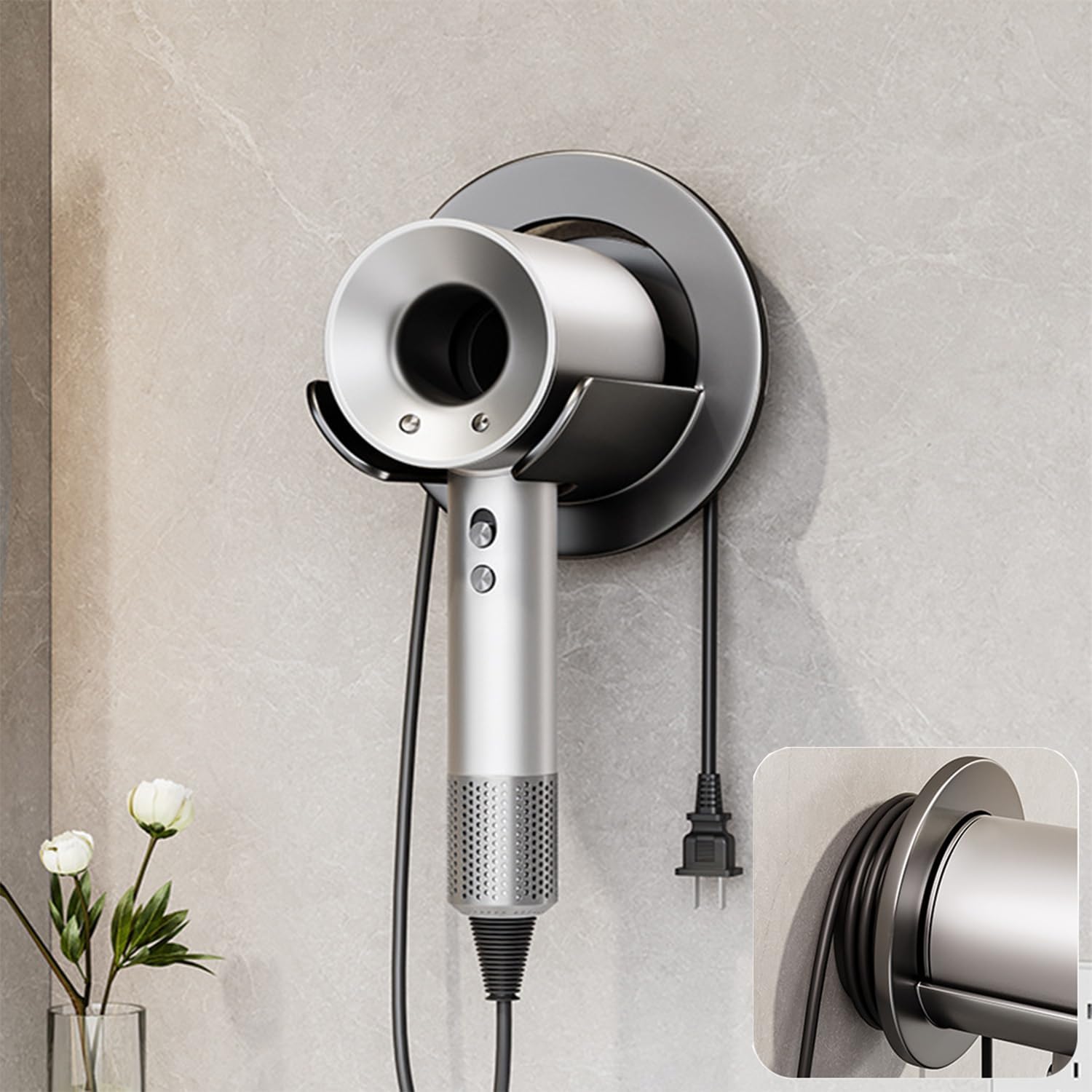 Hair Dryer Holder,Universal Wall Mount Blow Dryer Holder,Strong Self Adhesive Hair Dryer Organizer,for Dyson Hair Dryer Holder,with Plug&Cord Organizer Rack Hairdryer Holder for Bathroom