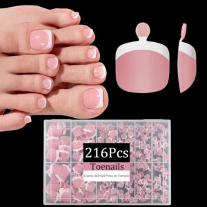 Pink Toe Nail Tips, Dsixnails 216pcs Short Toe Press on nails for Women, Square French Tip Press on Toenails, Soft Gel Toe Nail Tips, Soak Off Acrylic Full Cover Fake Toenails for Girl Gift, 12Sizes