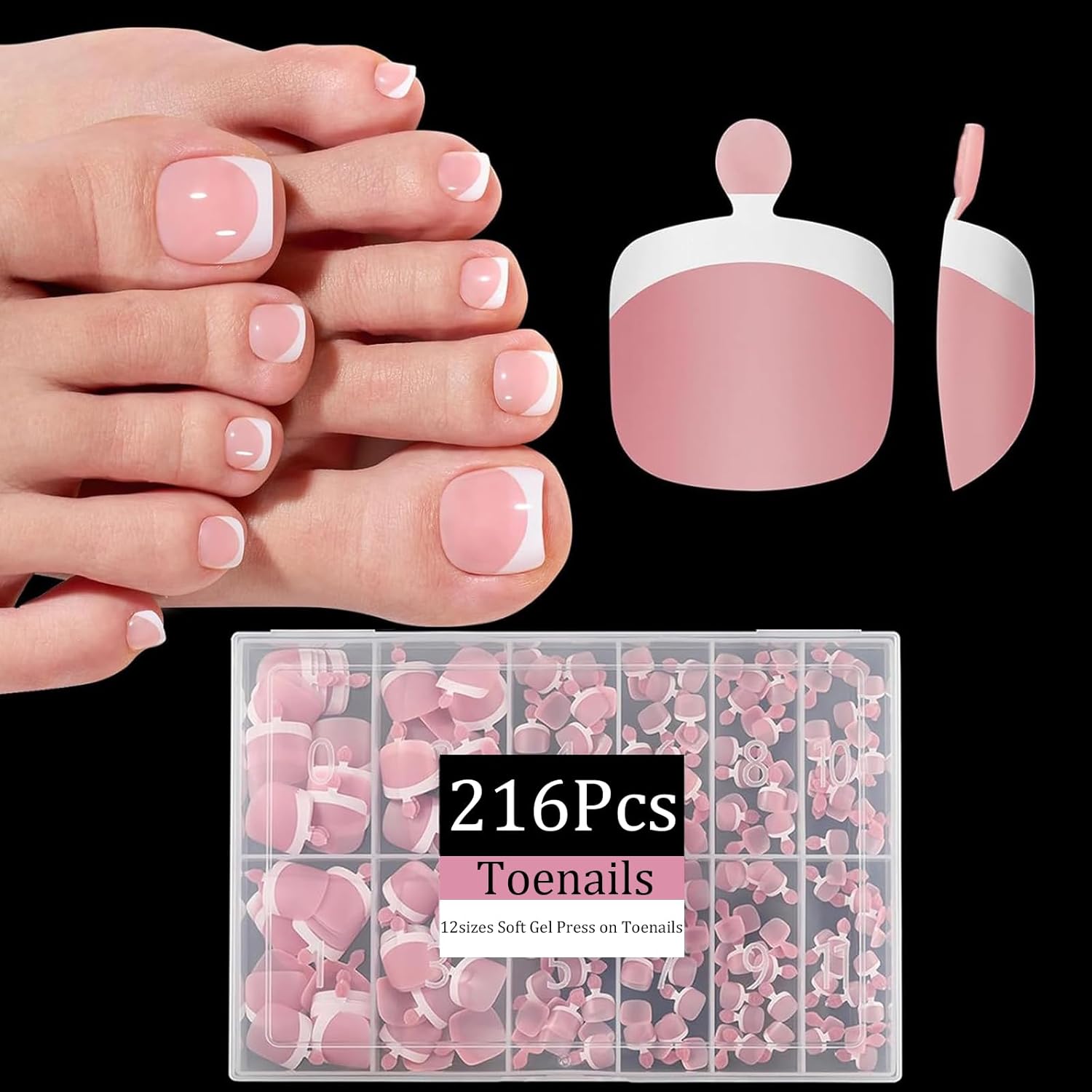 Pink Toe Nail Tips, Dsixnails 216pcs Short Toe Press on nails for Women, Square French Tip Press on Toenails, Soft Gel Toe Nail Tips, Soak Off Acrylic Full Cover Fake Toenails for Girl Gift, 12Sizes