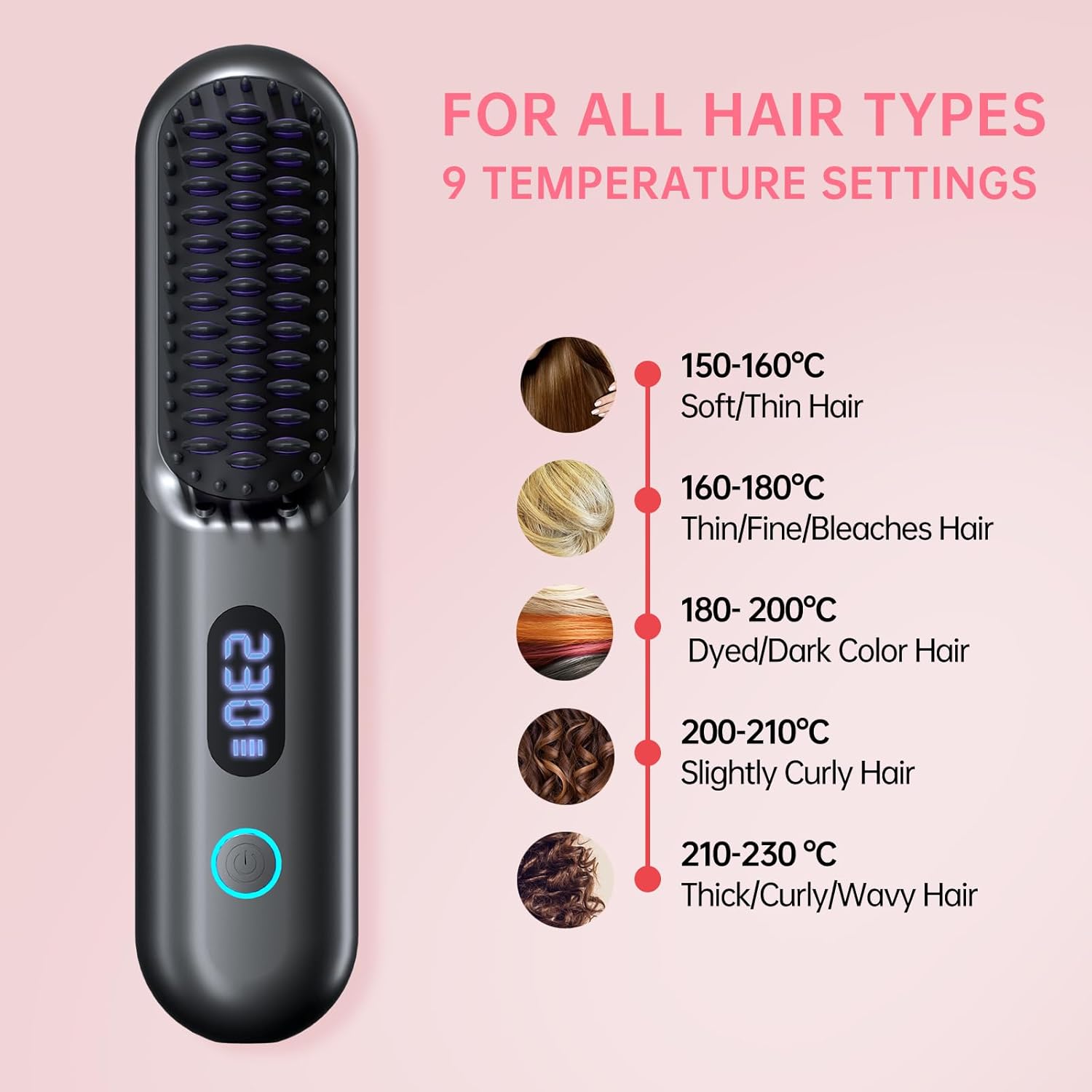Cordless Hair Straightener Brush-Portable Straightening Comb, 9600mAh Batt, Plasma Tech, 9 Temp-Settings & LED Display, for Travel & Home (Metallic Grey) - Image 4