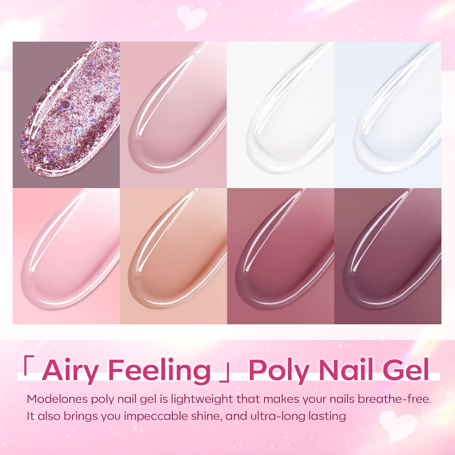 Modelones Poly Nail Gel Kit 8 Rosy Pink Colors with 48W U V/LED Lamp Poly Extension Gel Complete Nail Art Tools Professional Starter Manicure Kit Supplies Rhinestone Glitters Beauty Gift DIY at Home - Image 4