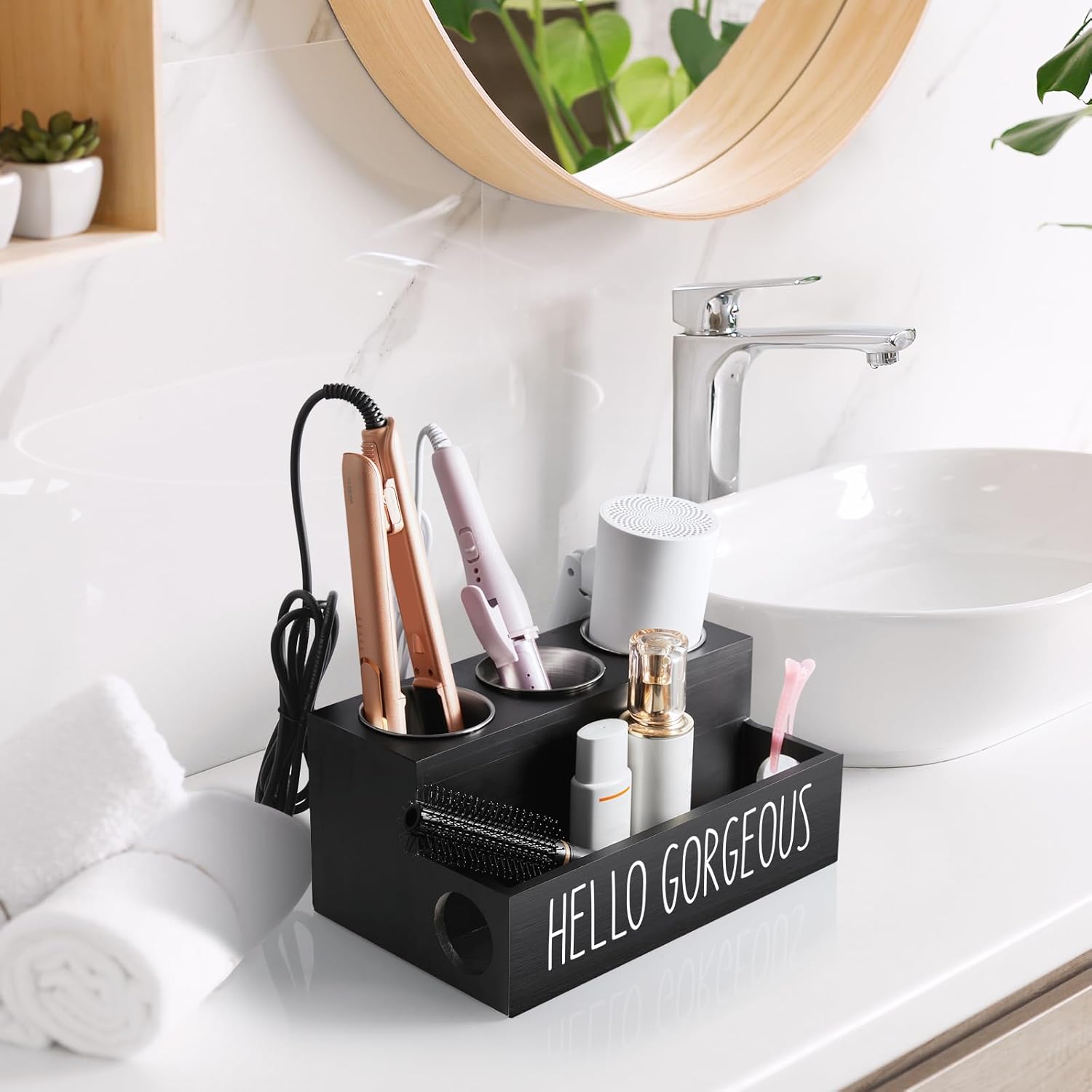 Wooden Hair Tool Organizer for Countertop or Wall Mount, Holds Blow Dryer and Curling Wand, Black - Image 6