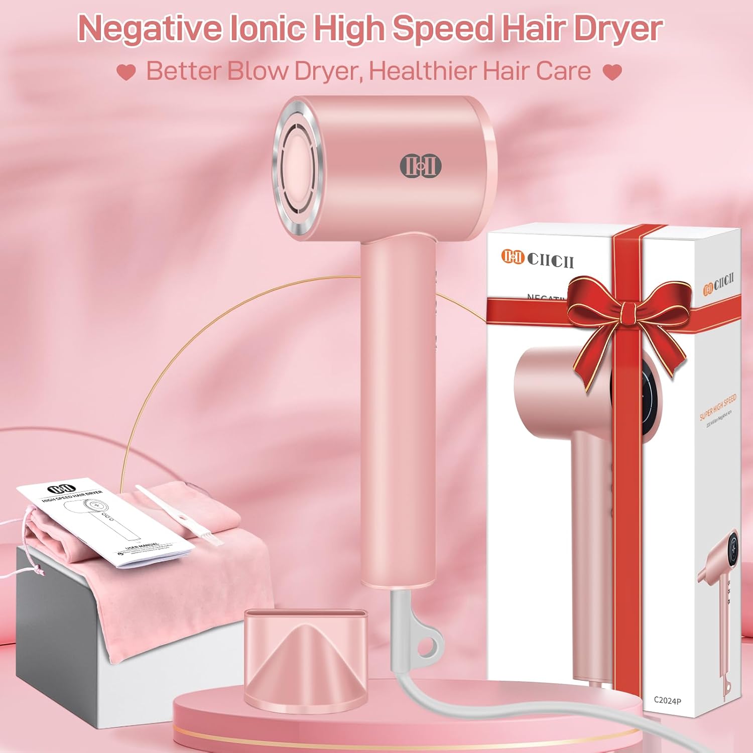 CIICII Negative Ionic Hair Dryer Professional, 120000RPM High Speed Blow Dryer (1600W Brushless/ 3-Speed/ 4-Temp & HD Display & Portable Bag) Fast Drying Hairdryer for Home, Travel & Salon (Pink) - Image 8