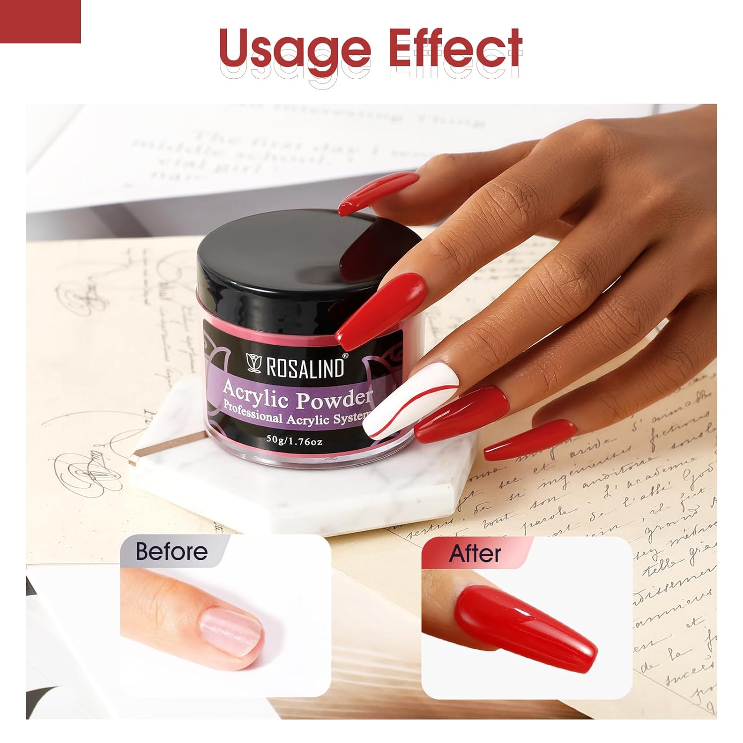 ROSALIND Red Acrylic Nail Powder 50g/1.76oz Acrylic Red Powder for Nail Acrylic Extension, Professional Crystal Polymer Nail Powder Caving, Dry Naturally No Nail Lamp Needed - Image 3
