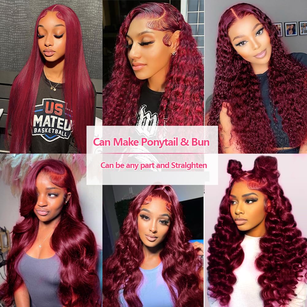 22inch 99j Burgundy Lace Front Wigs Human Hair Pre Plucked 180% Density 13x6 Body Wave HD Transparent Lace Frontal Glueless Wigs Human Hair Red Wigs For Black Women Natural Hairline with Baby Hair - Image 5