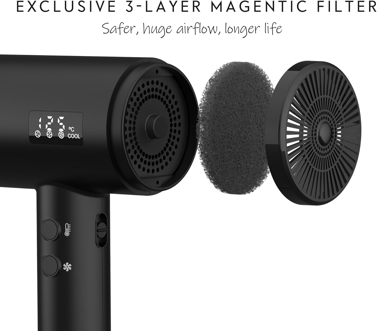 AINA Professional Salon Hair Dryer,2000W Blow Dryer with Diffuser Brush Comb for Women-BLDC Hair Dryer-Brushless Motor 150,000 RPM,Ionic,LED Display,4 Magnetic Attachments 110V/ALCI (Vader Black) - Image 2