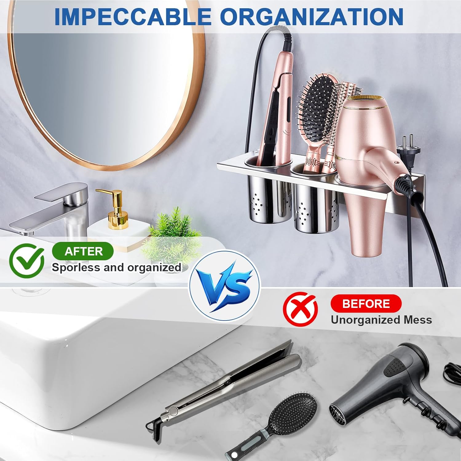 Hair Tool Organizer Wall Mount, Hair Dryer Holder with 2 Cups, Stainless Steel Blow Dryer Holder Curling Iron Holder Wall Mount, Bathroom Vanity Hair Styling Tools Organizer for Brush, Flat Iron - Image 7