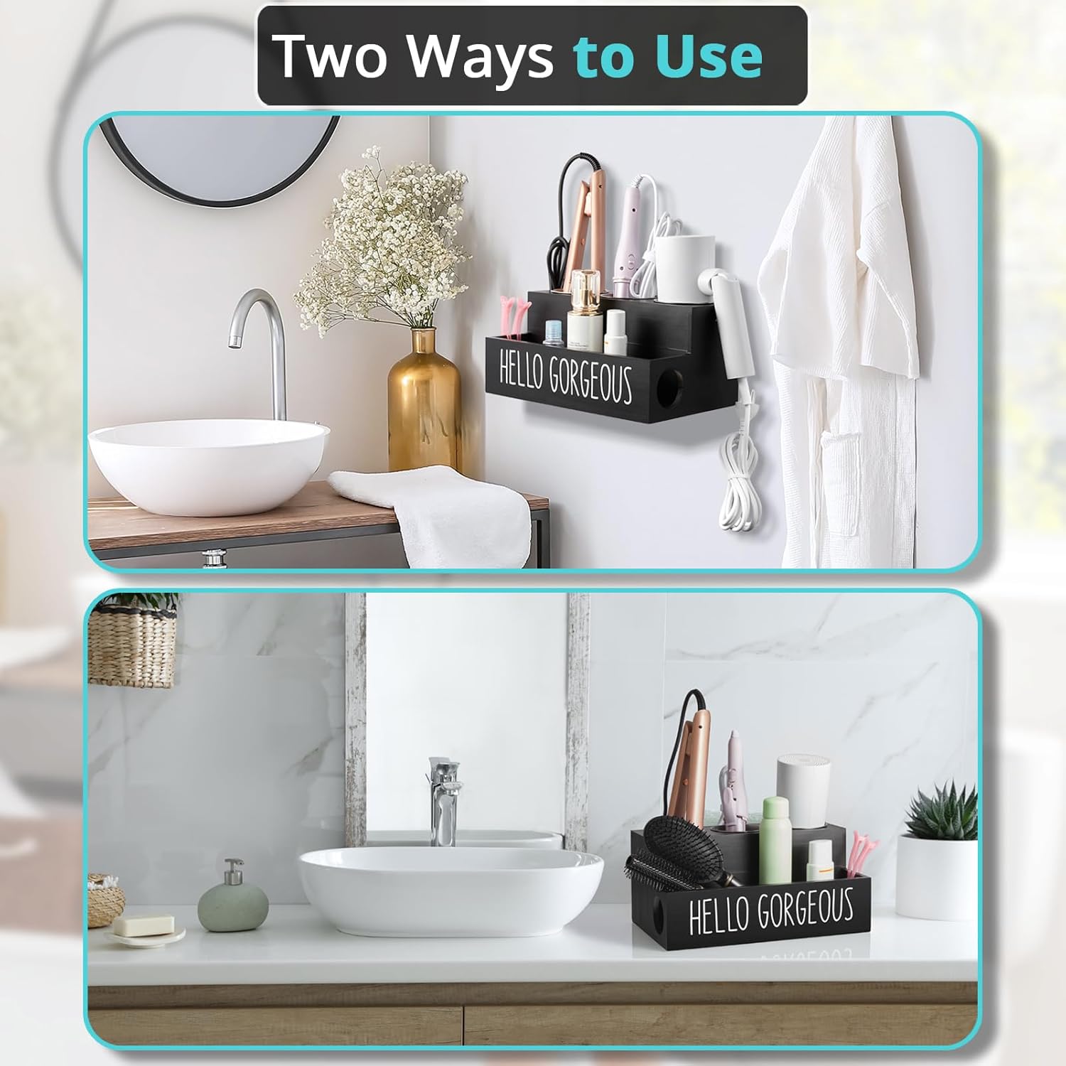 Wooden Hair Tool Organizer for Countertop or Wall Mount, Holds Blow Dryer and Curling Wand, Black - Image 5