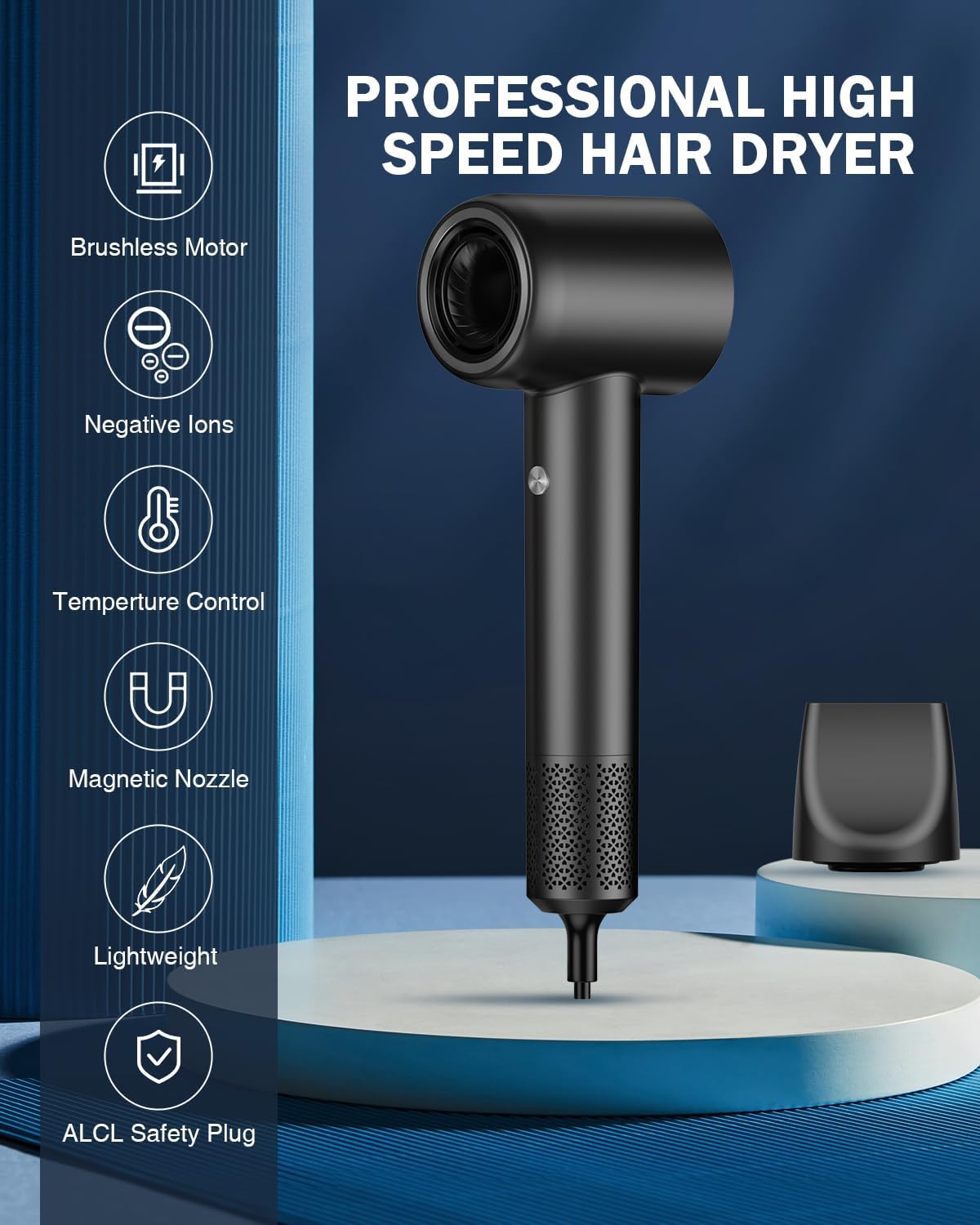 Hair Dryer, High Speed Negative Ionic Blow Dryer with 110, 000 RPM Brushless Motor for Fast Drying, 1500W Low Noise Thermo-Control 4 Temps & 3 Speeds Hairdryer with Magnetic Nozzle for Hair Care, Home - Image 8