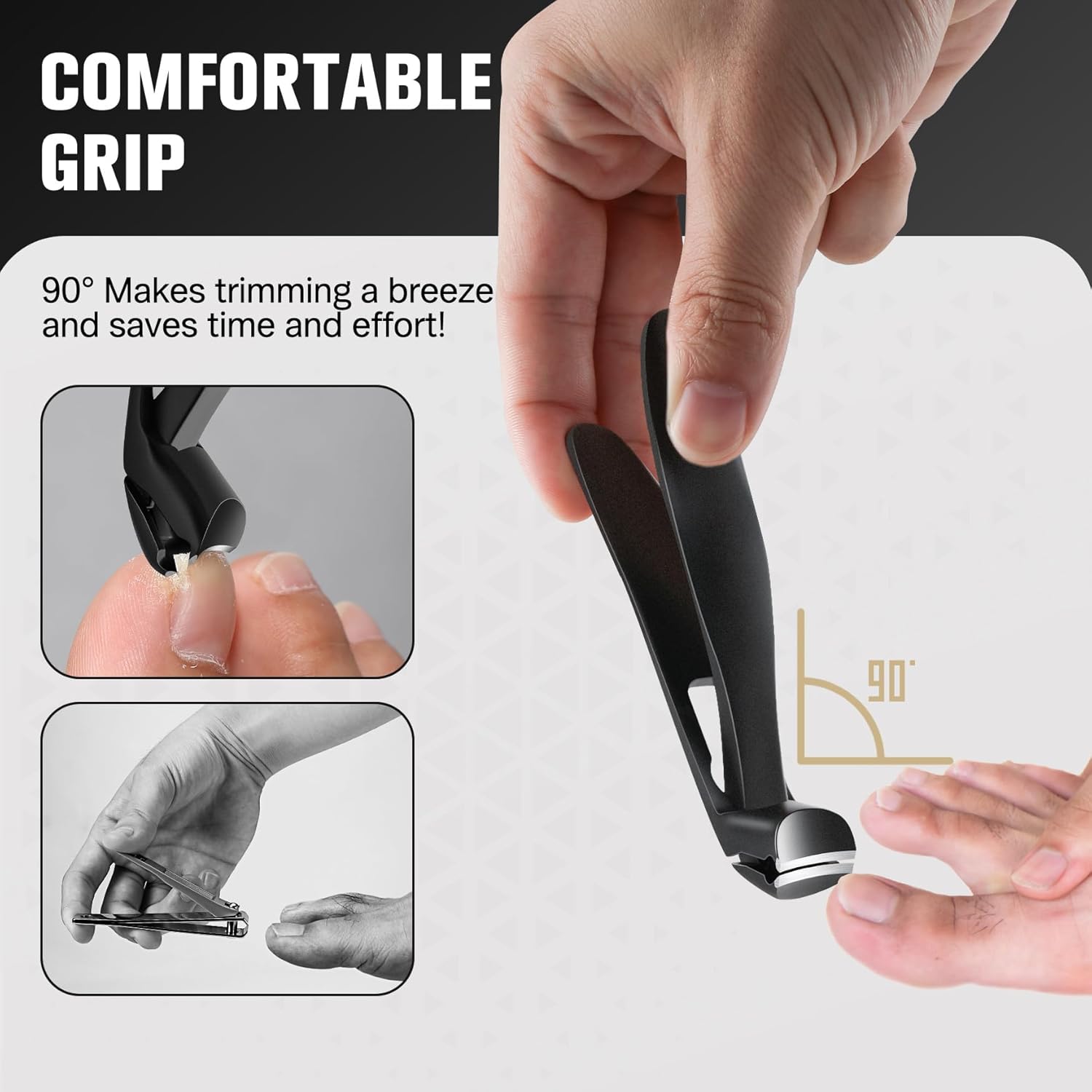 FERYES Angled Head Long Handled Toenail Clipper for Seniors - Large Wide Jaw Nail Clipper with Catcher for Thick Nails - Easier Trimming, Ergonomic Design (Black - Image 2