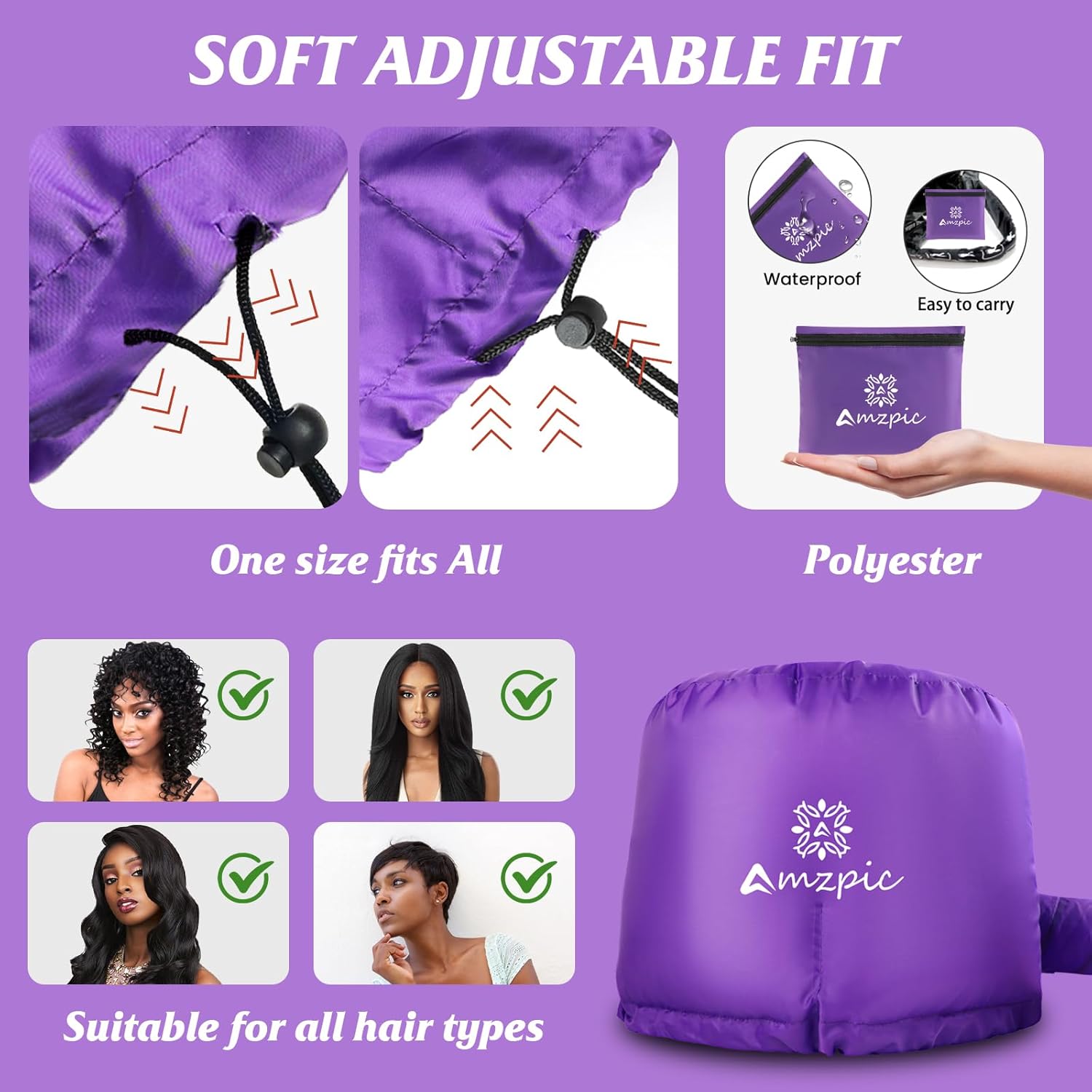 Bonnet Hood Hair Dryer Attachment - Soft, Adjustable Extra Large Bonnet Hair Dryer for Speeds Up Drying Time at Home, Easy to Use for Styling, Curling and Deep Conditioning (Purple) - Image 7