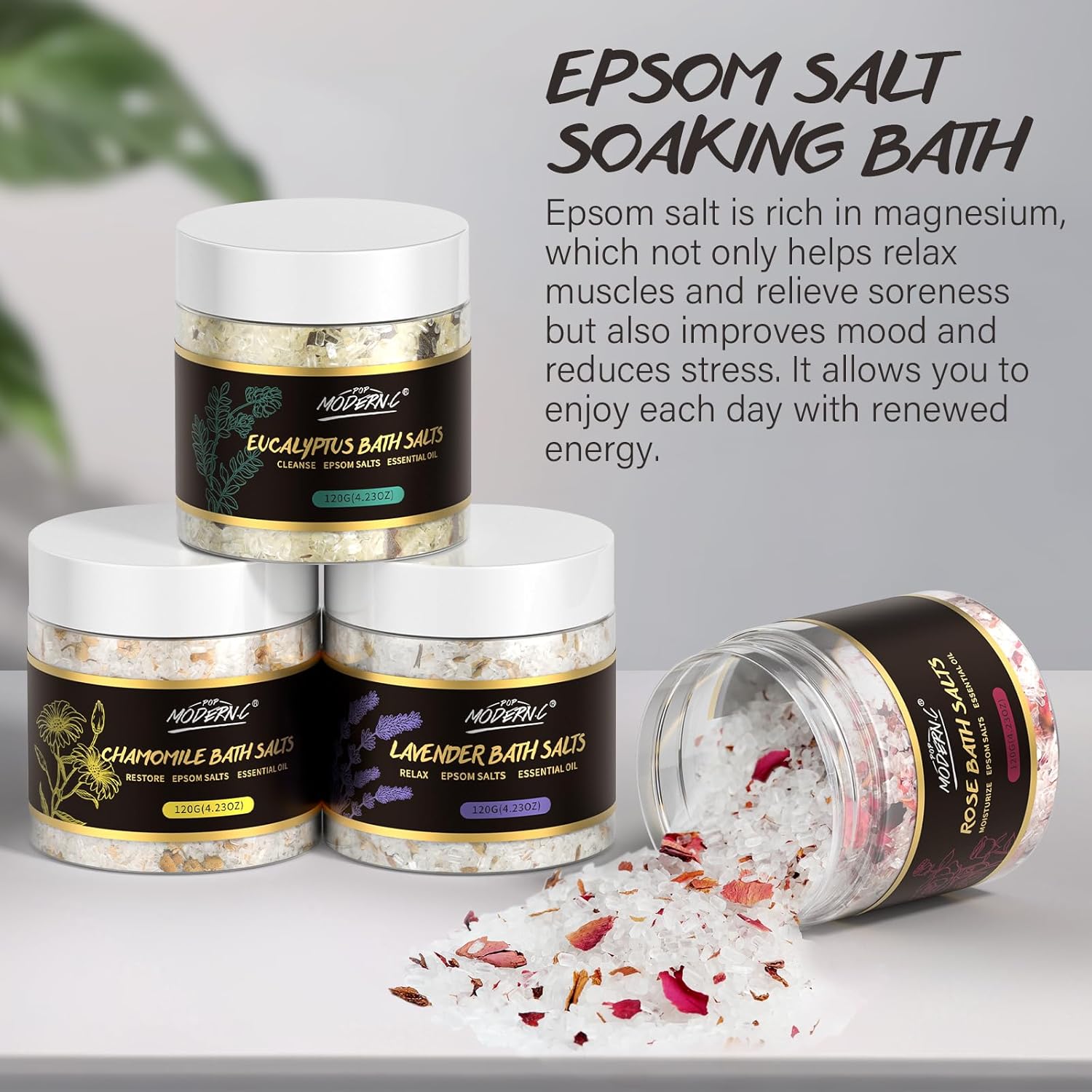 Epsom Bath Salts Gift Set for Soaking 4pcs Bath Salts with Essential Oils for Women Relaxing Lavender Eucalyptus Rose Chamomile Bath Set for Women Luxury Spa Birthday Mother's Day Christmas Gift - Image 5