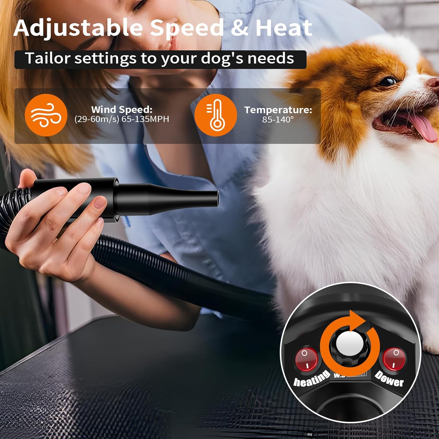 PETNF High Velocity Dog Dryer for Grooming Large Dogs, 3.2HP, Adjustable Speed and Temperature - Image 3